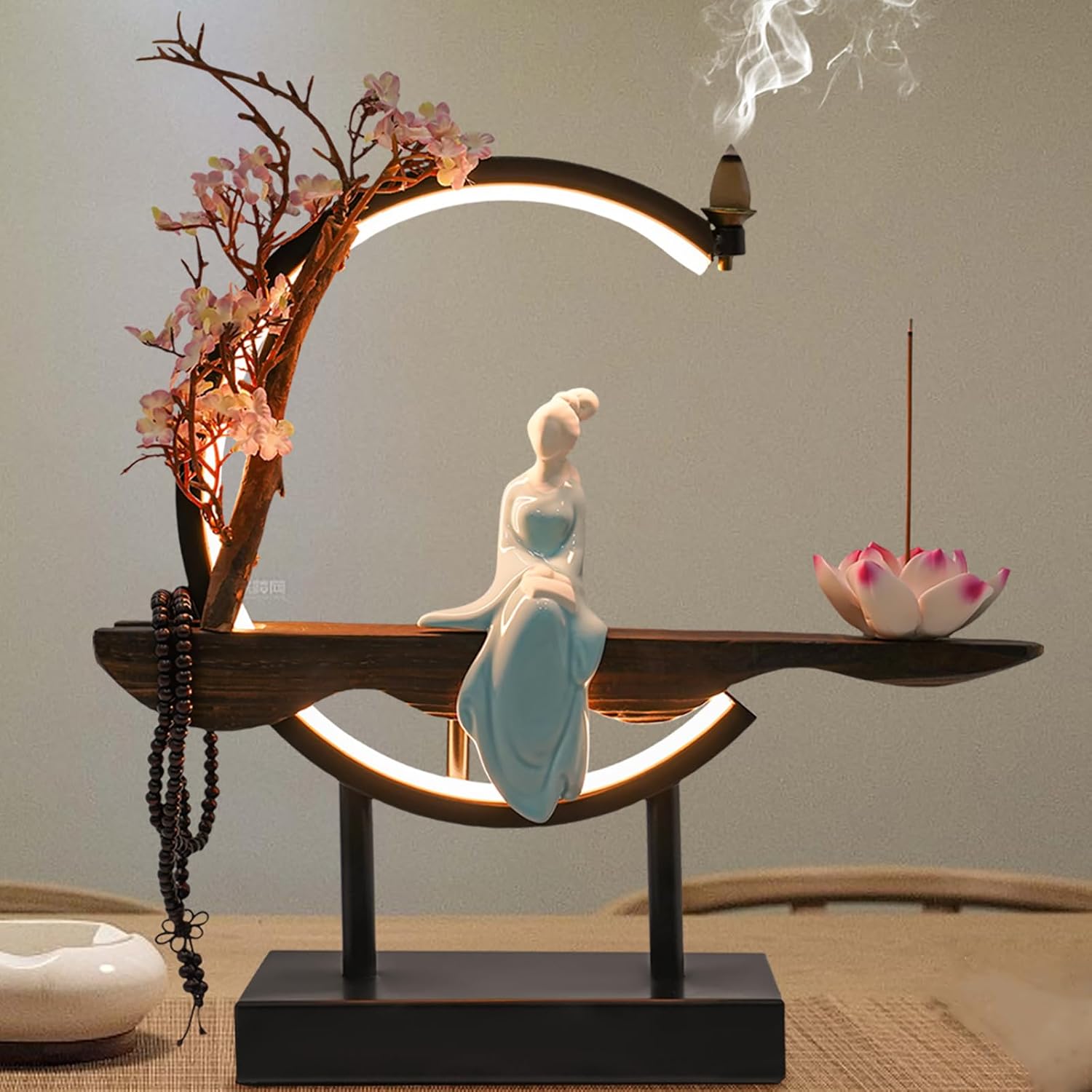Flhonudi Tabletop Water Fountain with LED Light and Automatic Pump