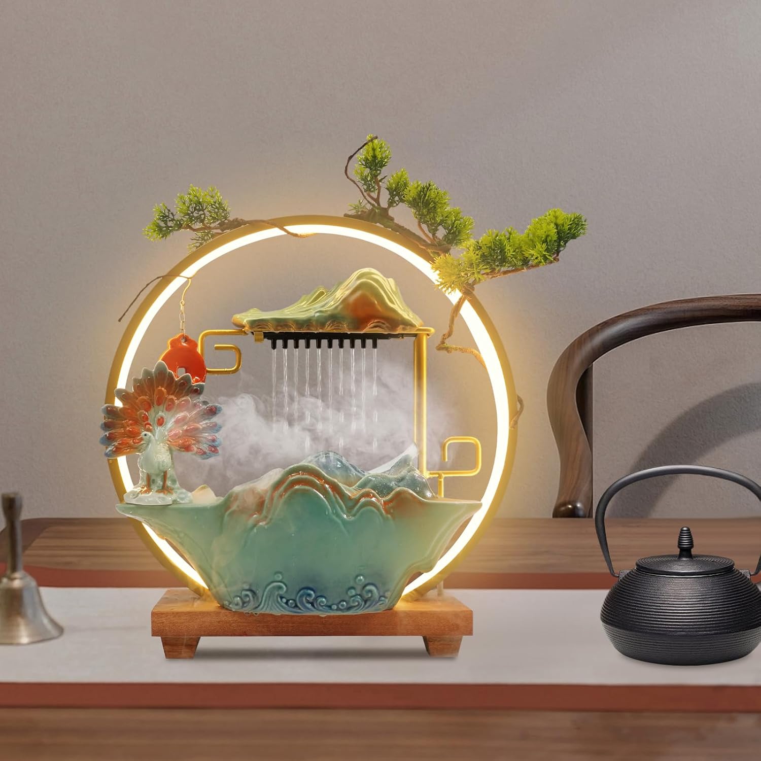 Chinese Style Landscape Deer Indoor Water Fountain with LED Light and Mist
