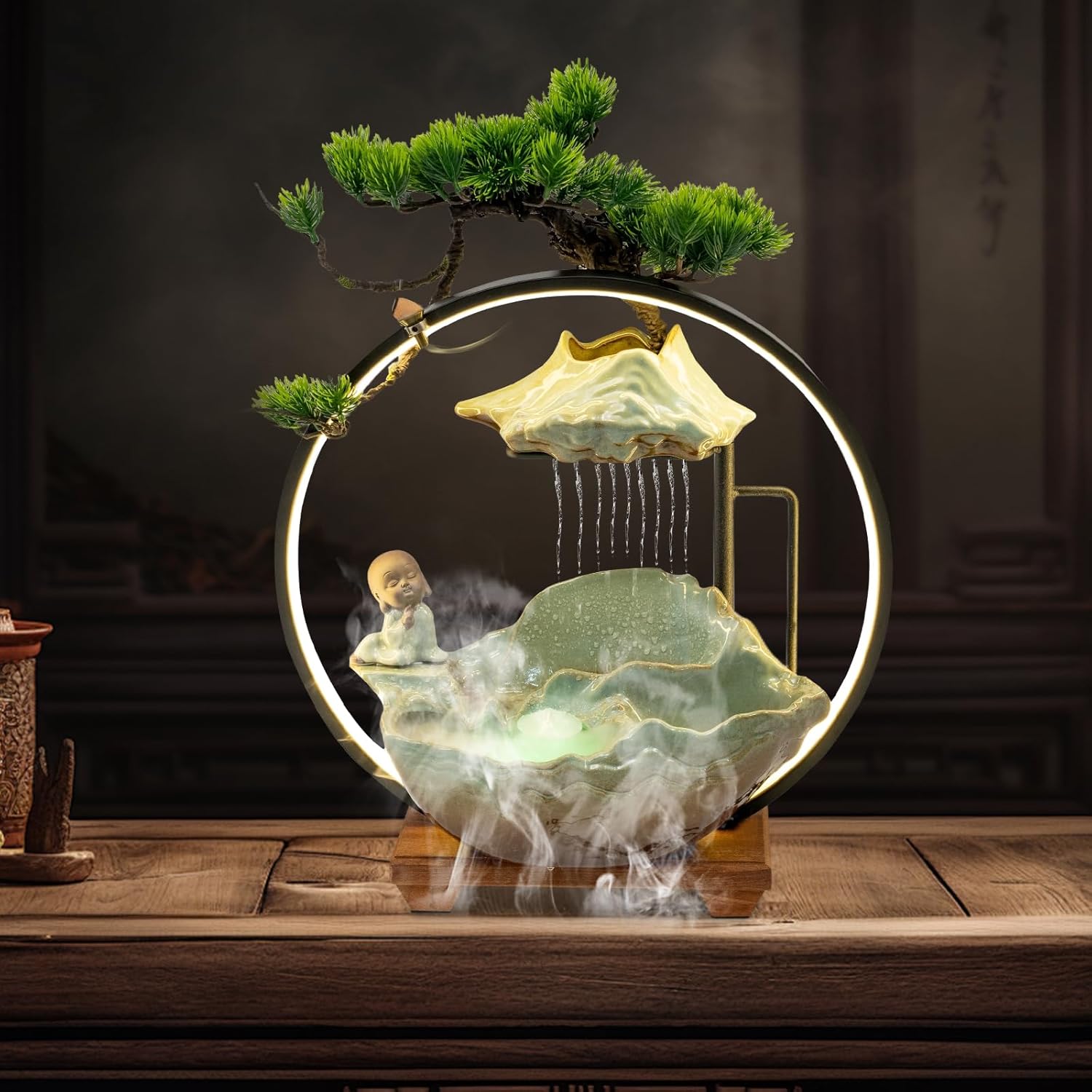 Elegant Tabletop Water Fountain with LED Light and Mist Function
