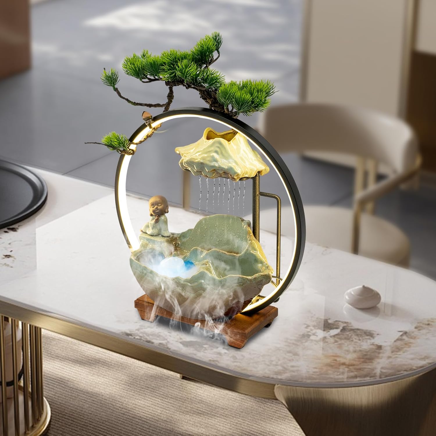 Elegant Tabletop Water Fountain with LED Light and Mist Function