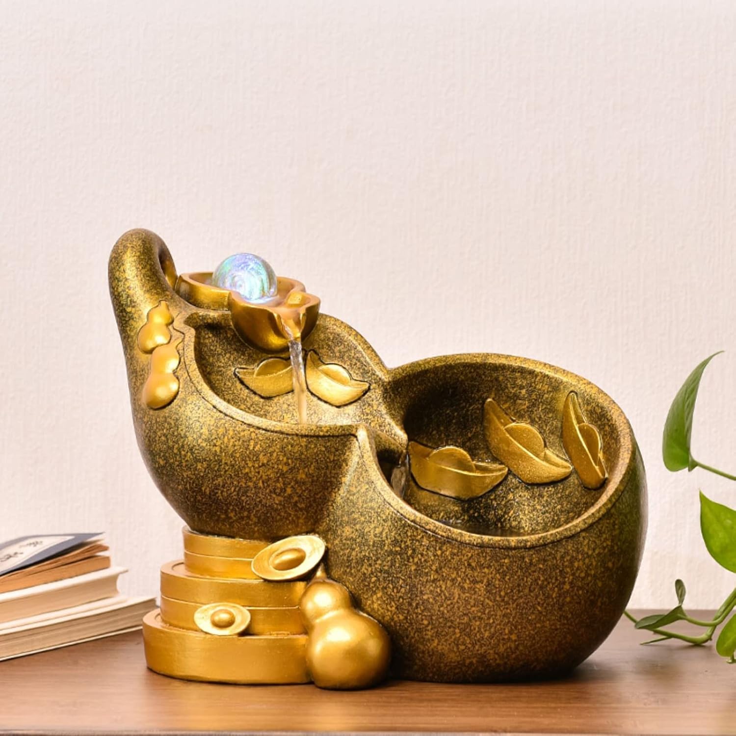 Golden Gourd Tabletop Fountain with Rolling Ball for Home Office Decor
