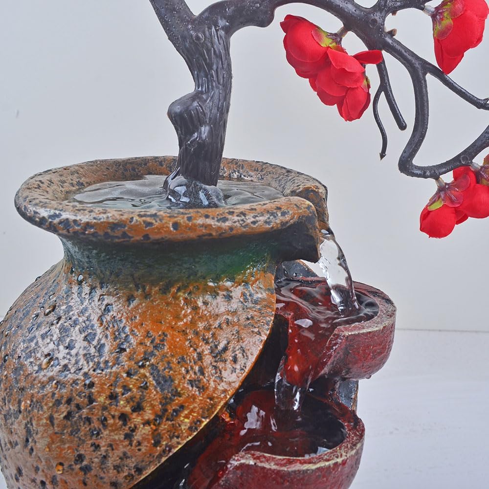 YOUUGIOR Plastic Red Peach Flower Plum Tree Resin Trunk Tabletop Fountain Decor