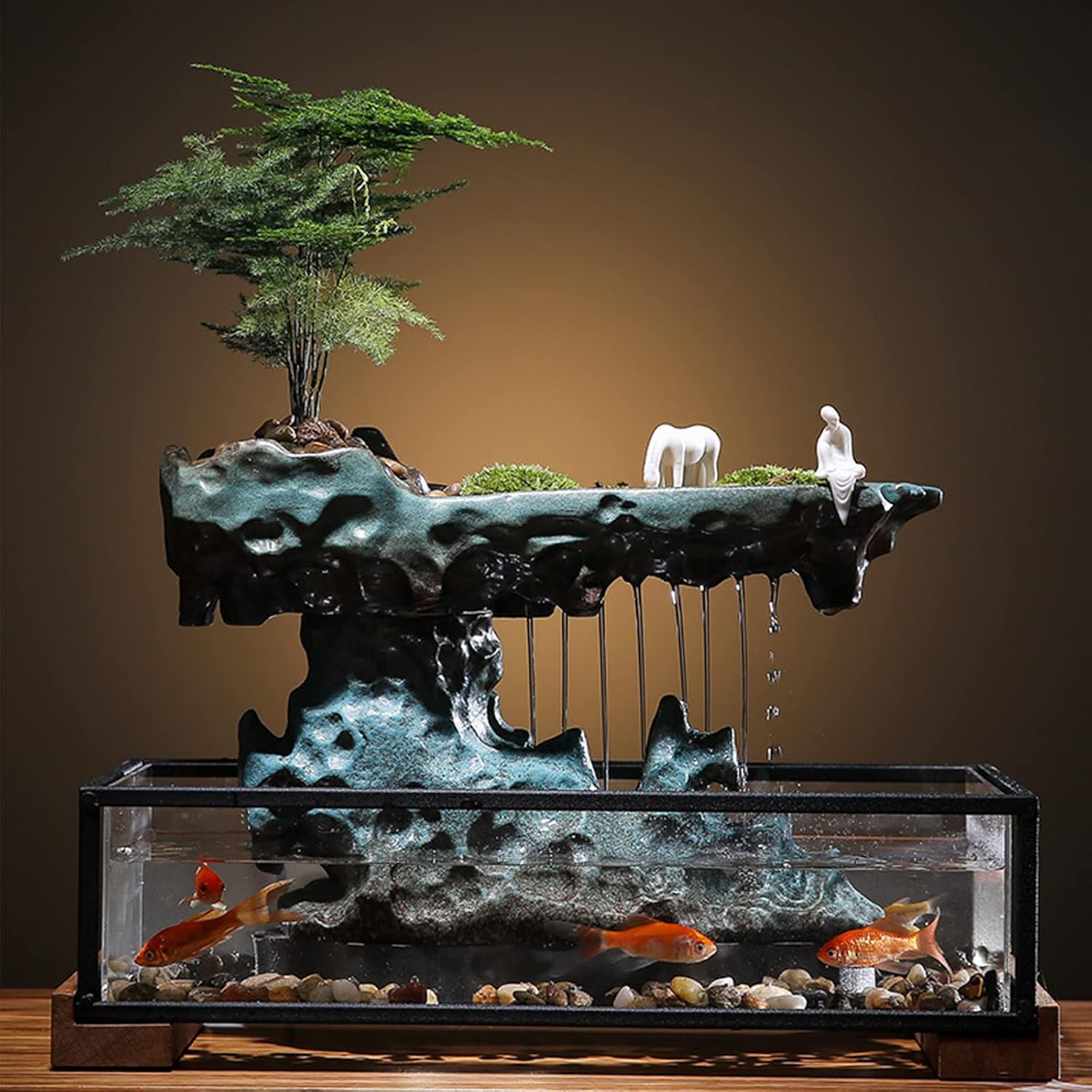 Desktop Rockery Waterfall Fountain with Fish Tank and Plants
