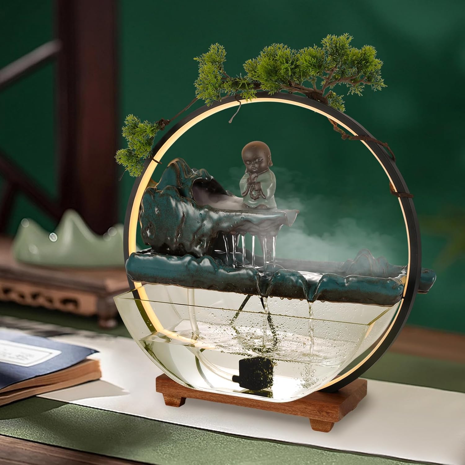 Crane Tabletop Water Fountain with LED Light for Meditation