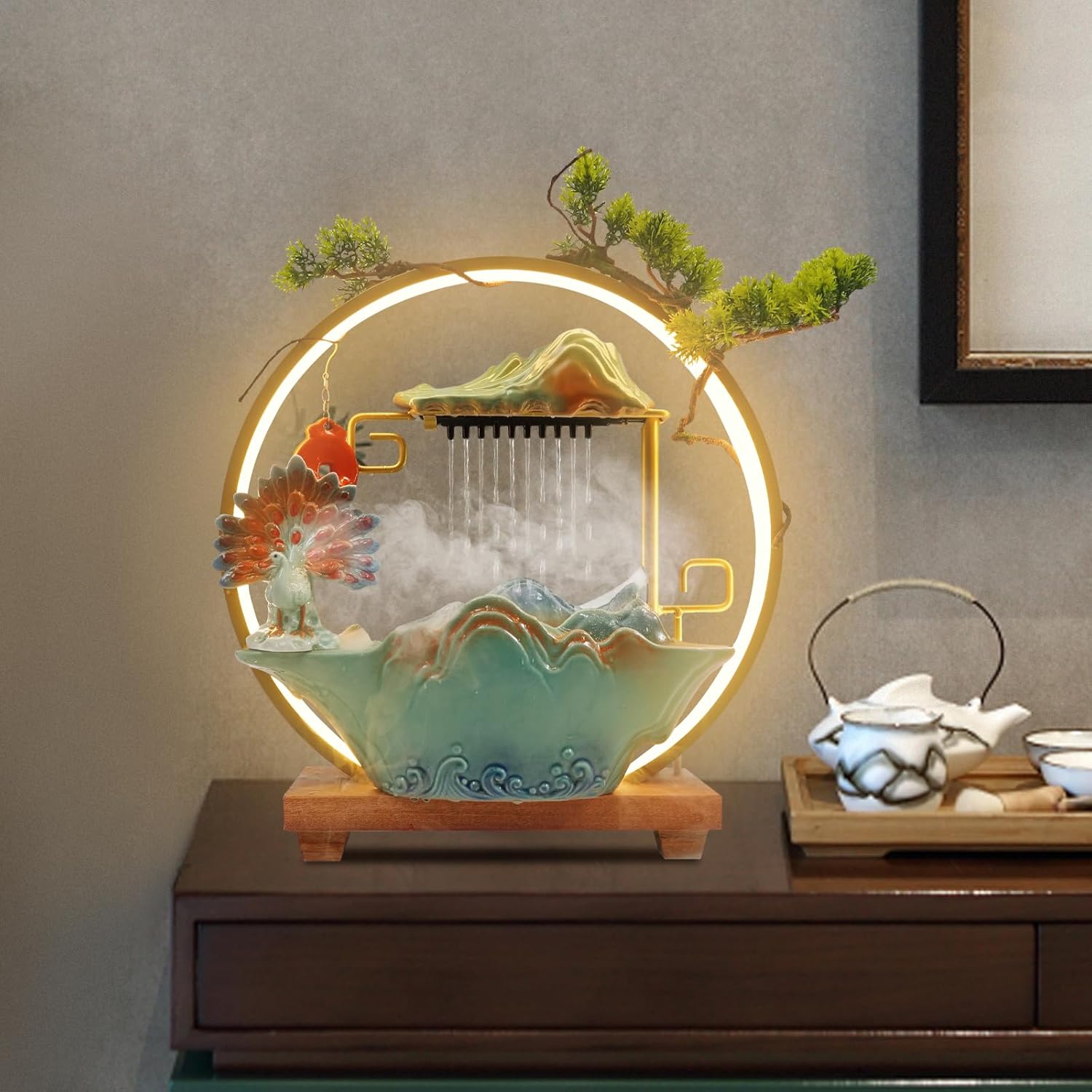 Chinese Style Landscape Deer Indoor Water Fountain with LED Light and Mist