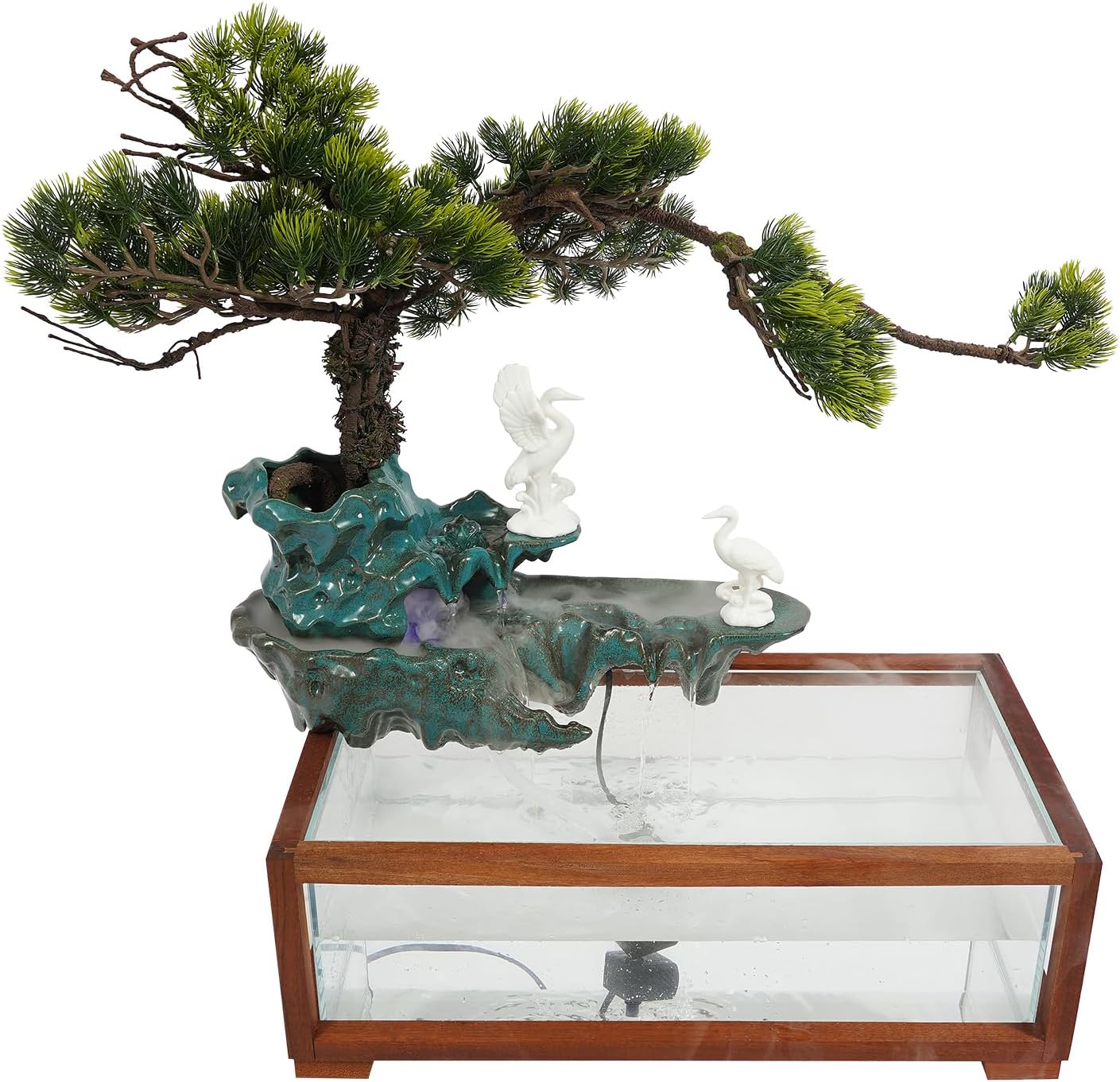 Elegant Tabletop Crane Water Fountain with LED and Fish Tank
