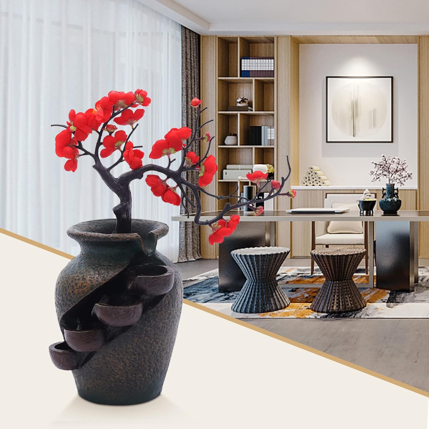 Tabletop Water Fountain with Artificial Flowers for Home Decor