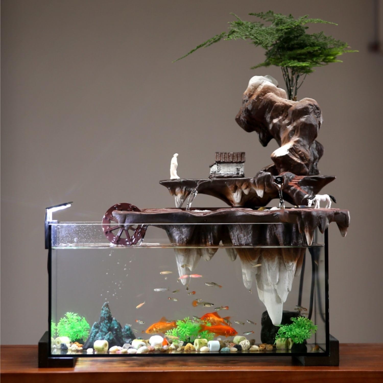 Water Fountain Indoor Fish Tank Decor with Flowing Water Wheel and Zen Waterfall