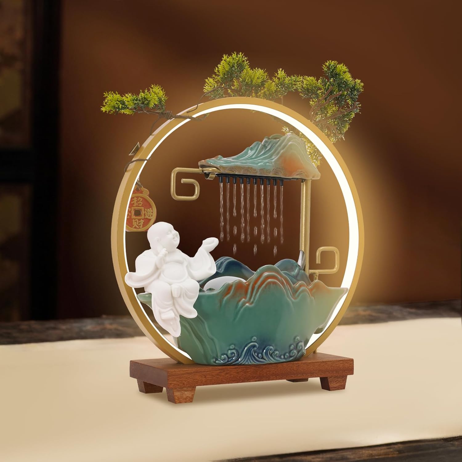Buddha Tabletop Water Fountain with LED Light and Fake Plants