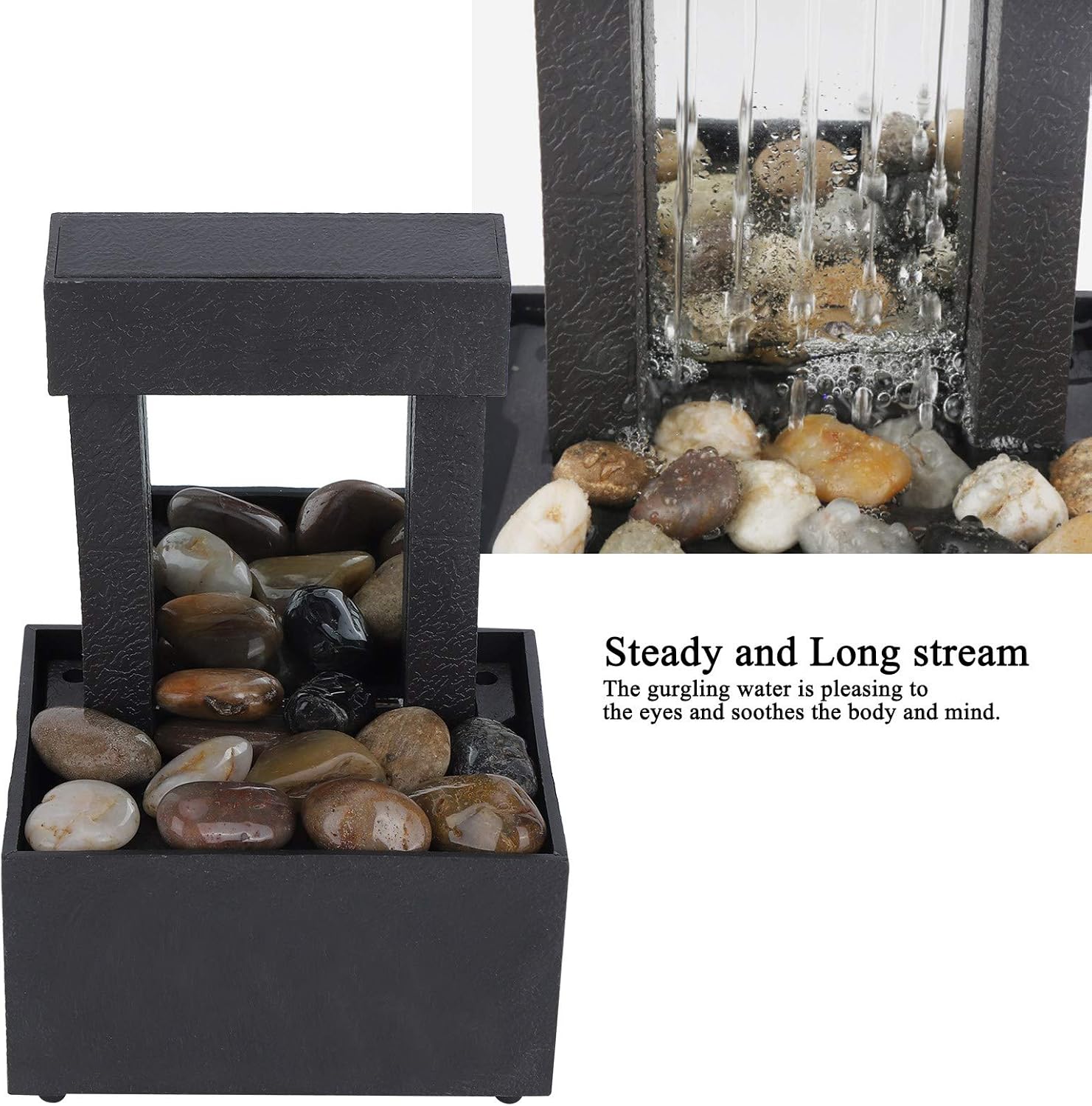 Tabletop Fountain with LED Lights and Stones for Home Office