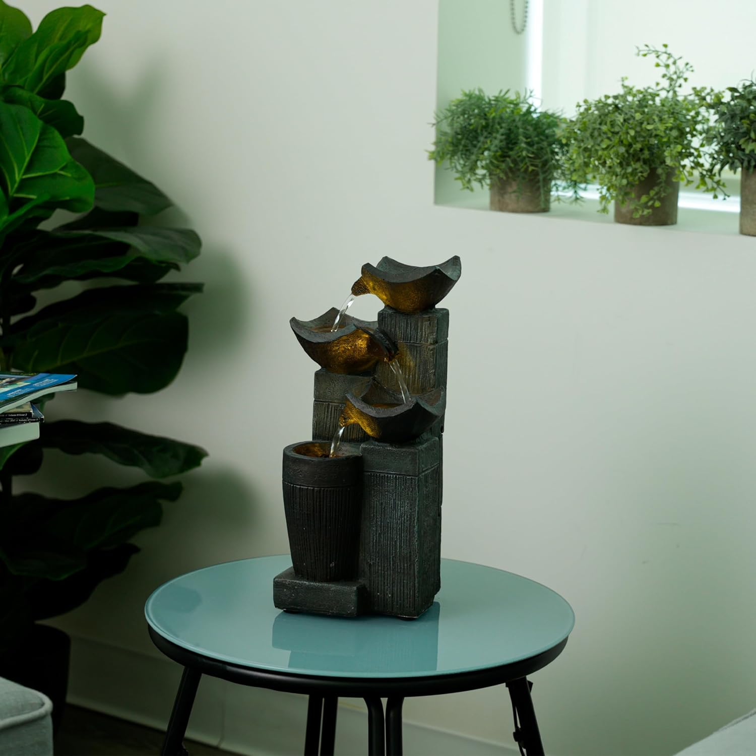 Alpine Corporation TZL414 14 Inch 4 Tier Bowls Fountain with LED Lights