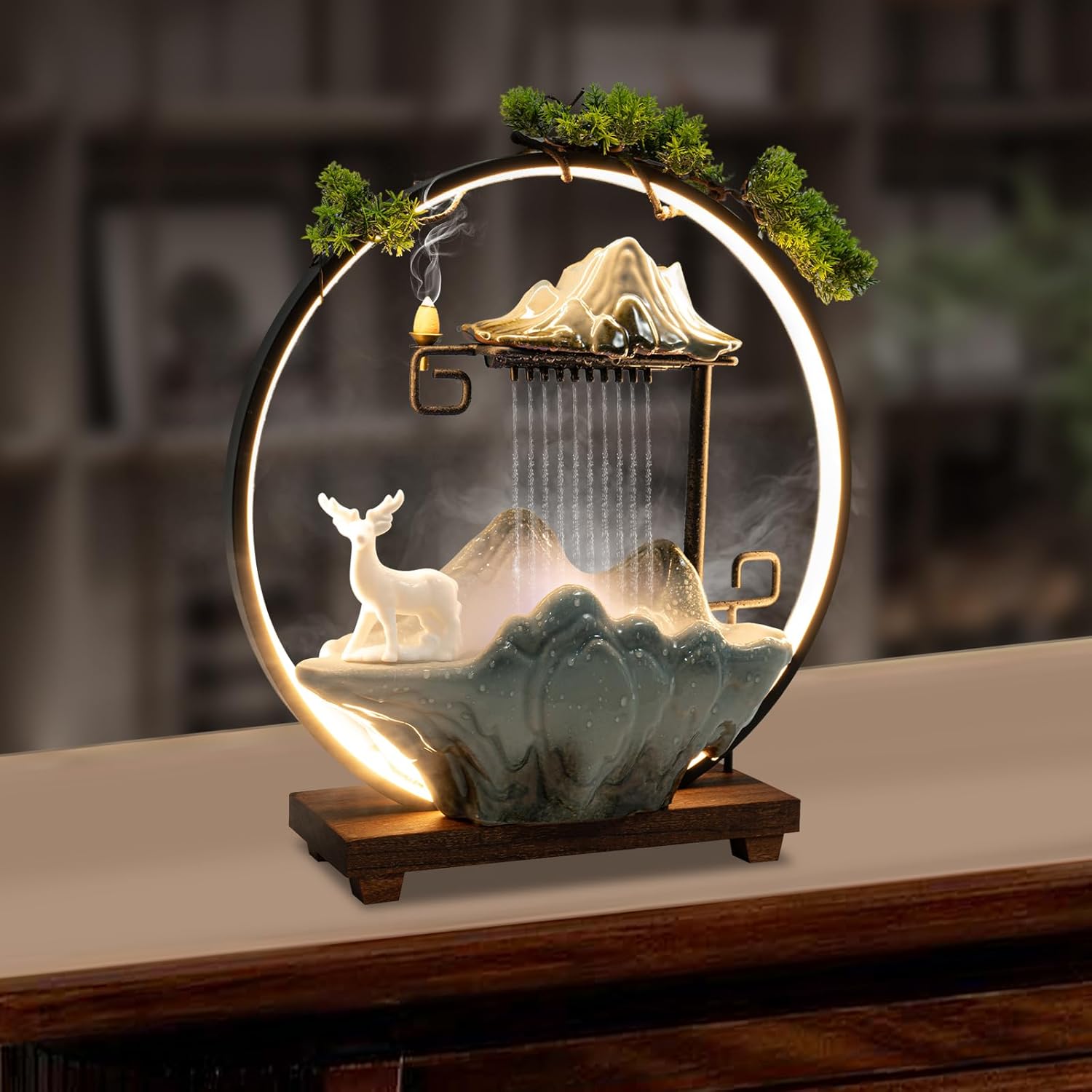 Libsaerty Tabletop Waterfall Fountain with Deer Sculpture