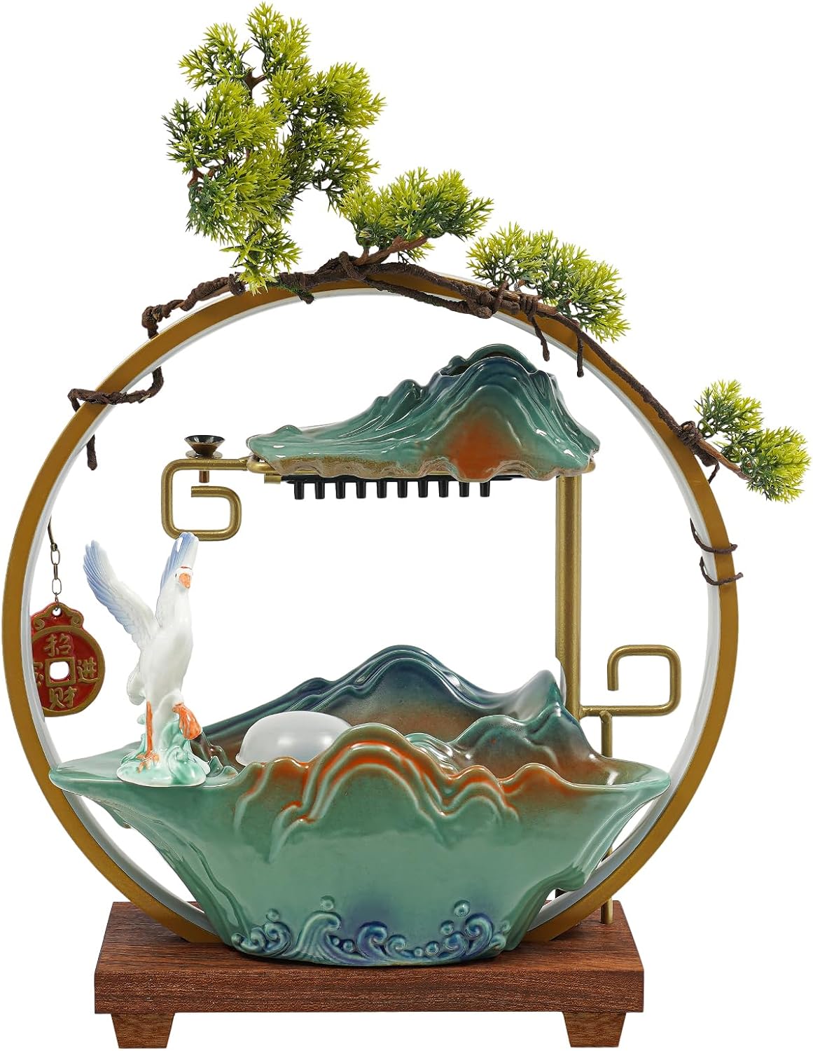 Crane Water Fountain with LED Light and Fake Plants
