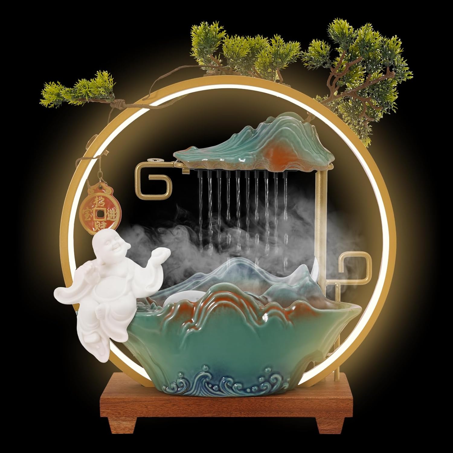 Tabletop Water Fountain with LED Light and Backflow Incense Bracket
