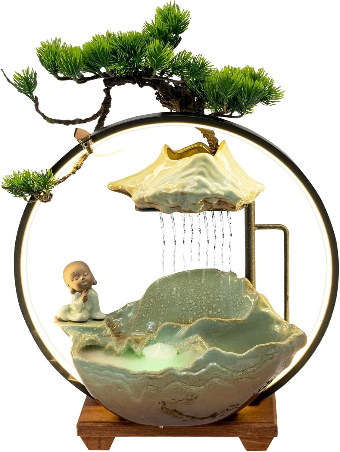 Tabletop Water Fountain with LED Light and Mist for Feng Shui Meditation and Home Decor