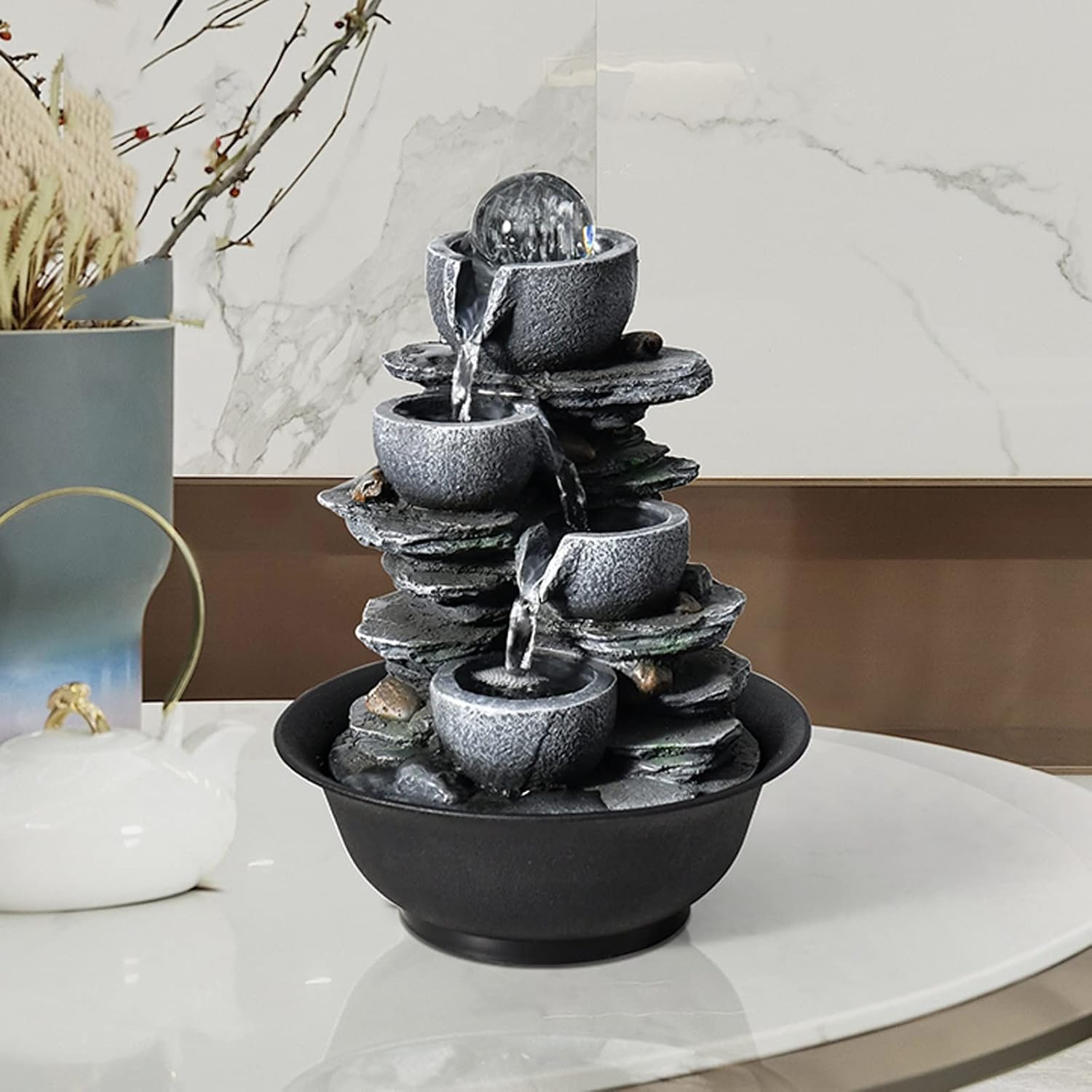 CLoxks XRXwuf689 Desktop Water Fountain with 4-Stage Bowl and Automatic Pump