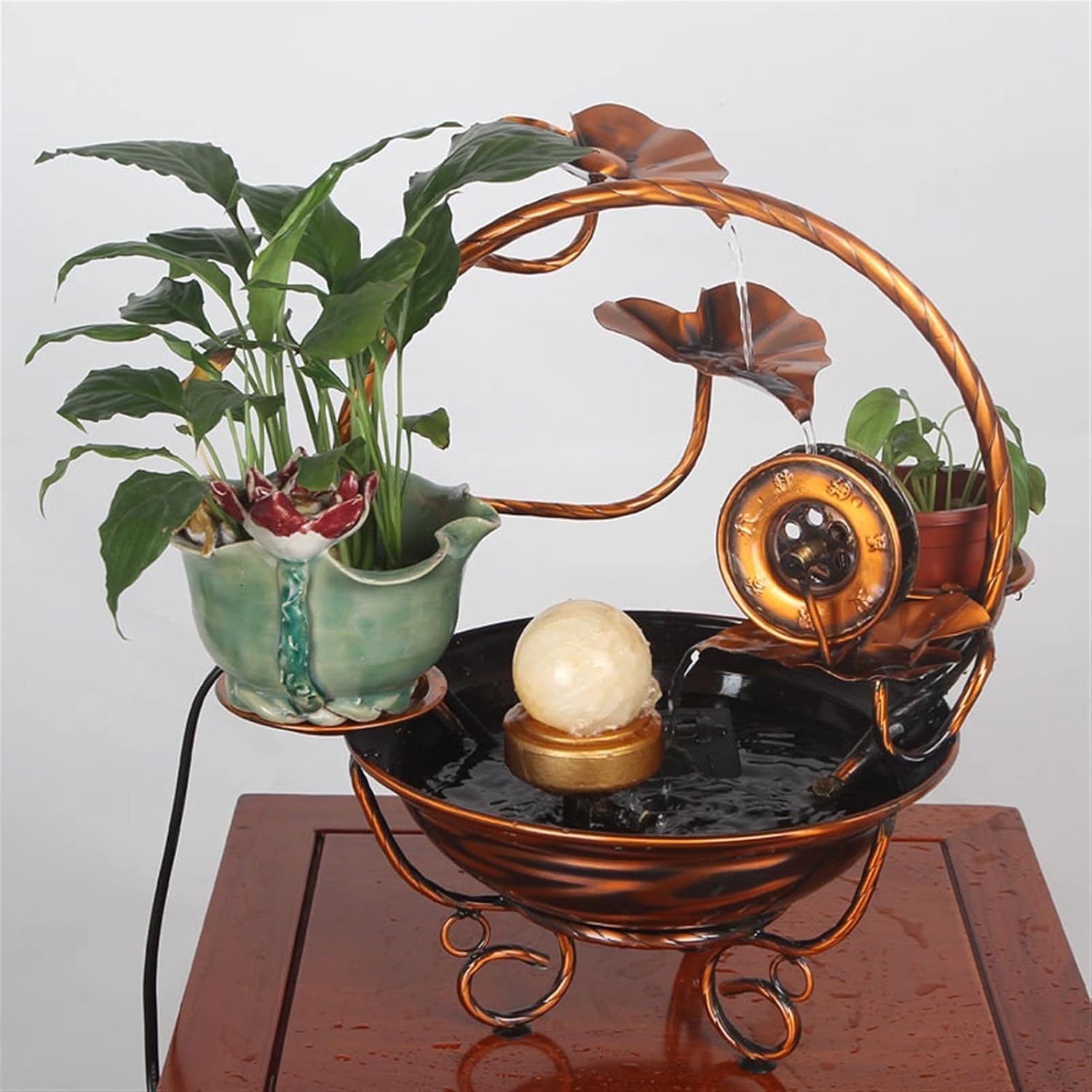 Desktop Fountain - Indoor Waterfall Decoration with Green Planting Tray and Feng Shui Symbol