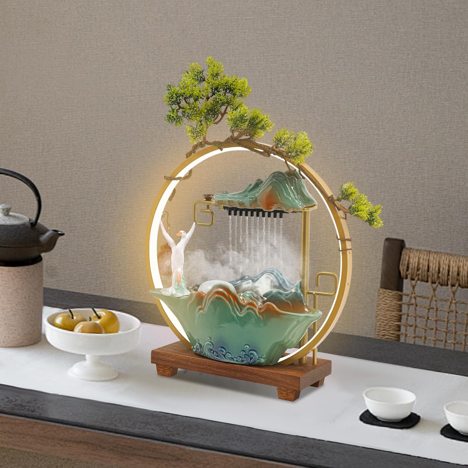 Yellulu Tabletop Water Fountain with LED Light and Mist Feature