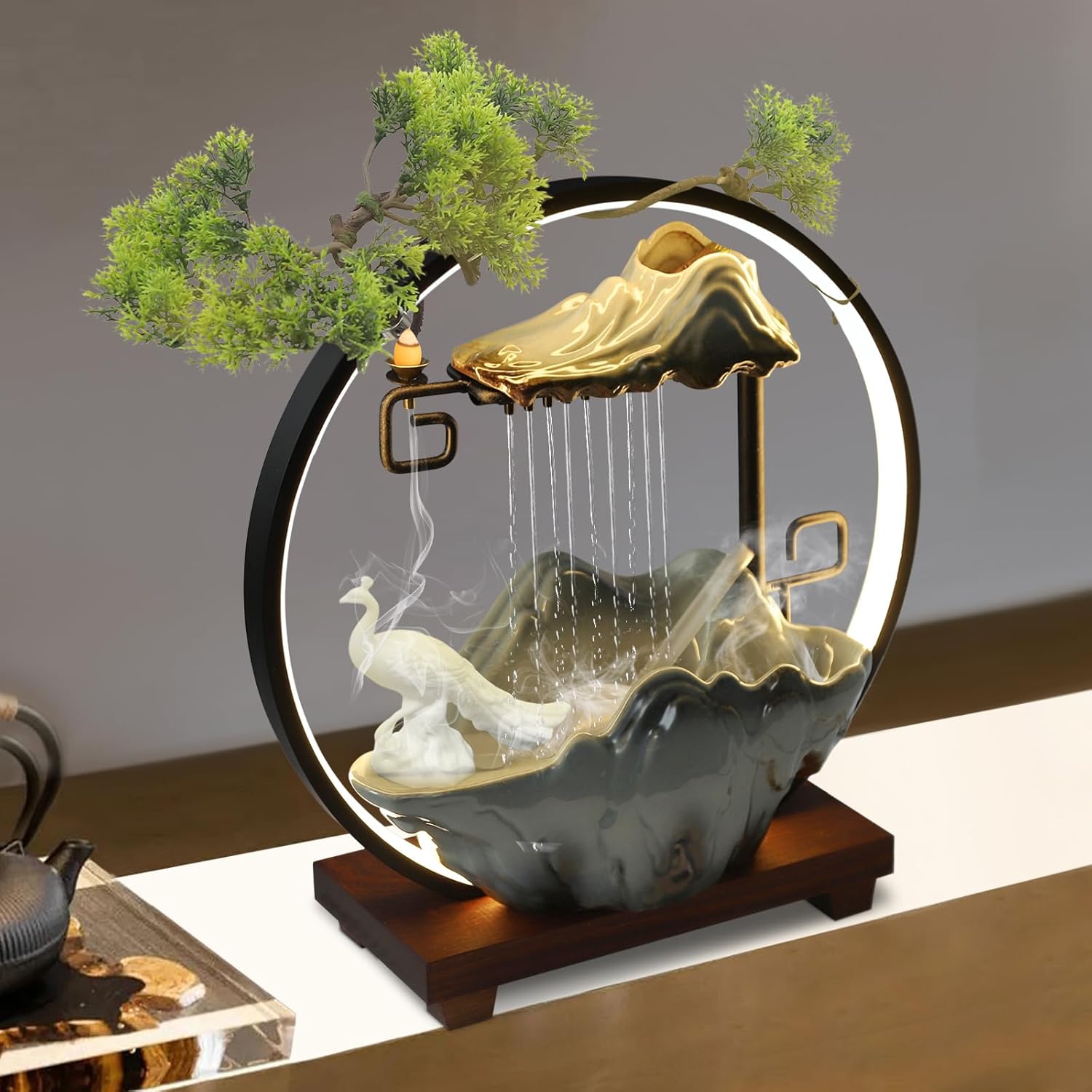 Tabletop Water Fountain with LED Lights Atomizer - Mini Indoor Decor for Living Room and Yoga Space