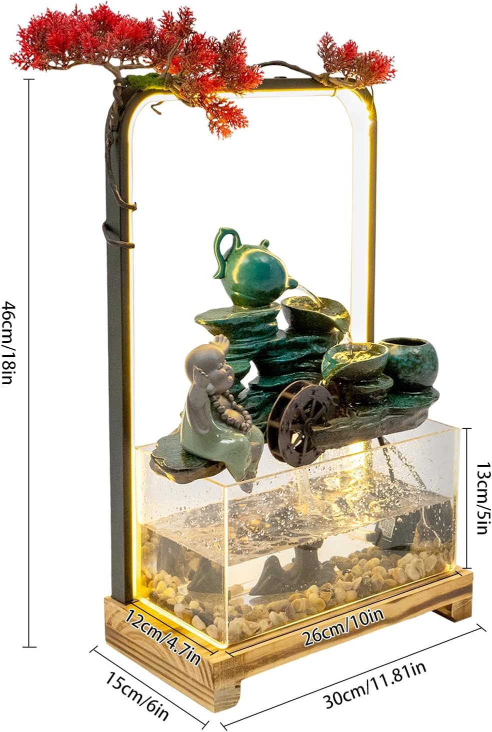 Tabletop Buddha Water Fountain with LED Light and Fake Plants for Meditation and Good Luck Wealth