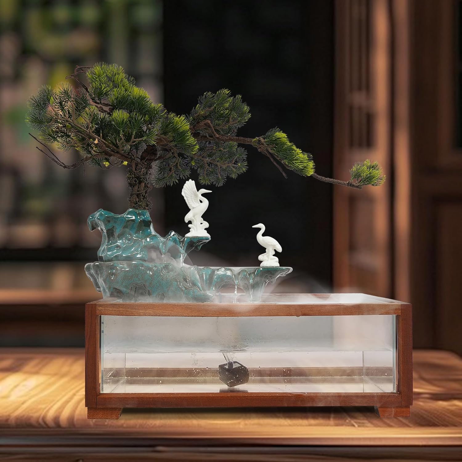 Elegant Tabletop Crane Water Fountain with LED and Fish Tank