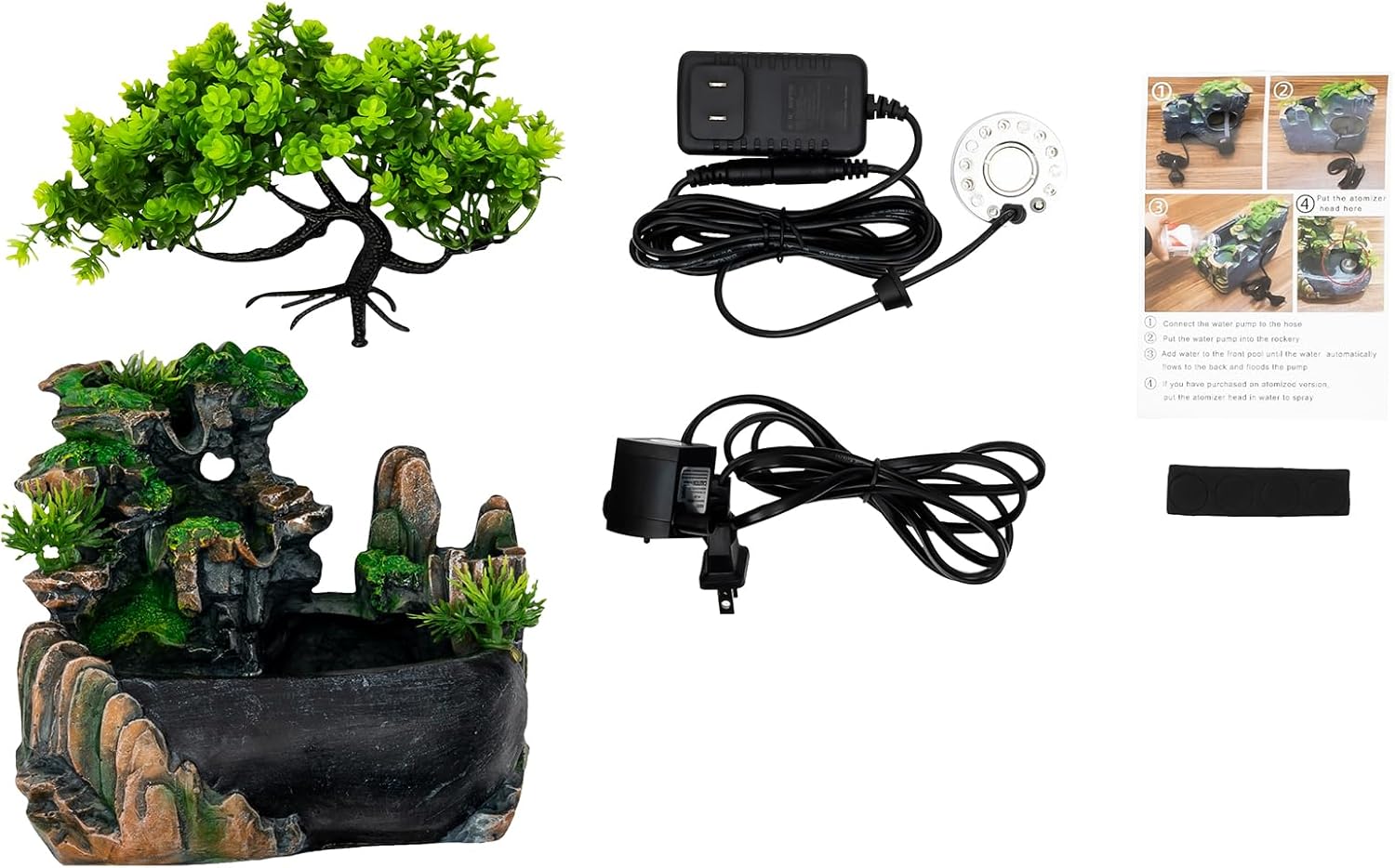 Waterfall Fountain Tabletop Decor with LED Light and Atomizer Black