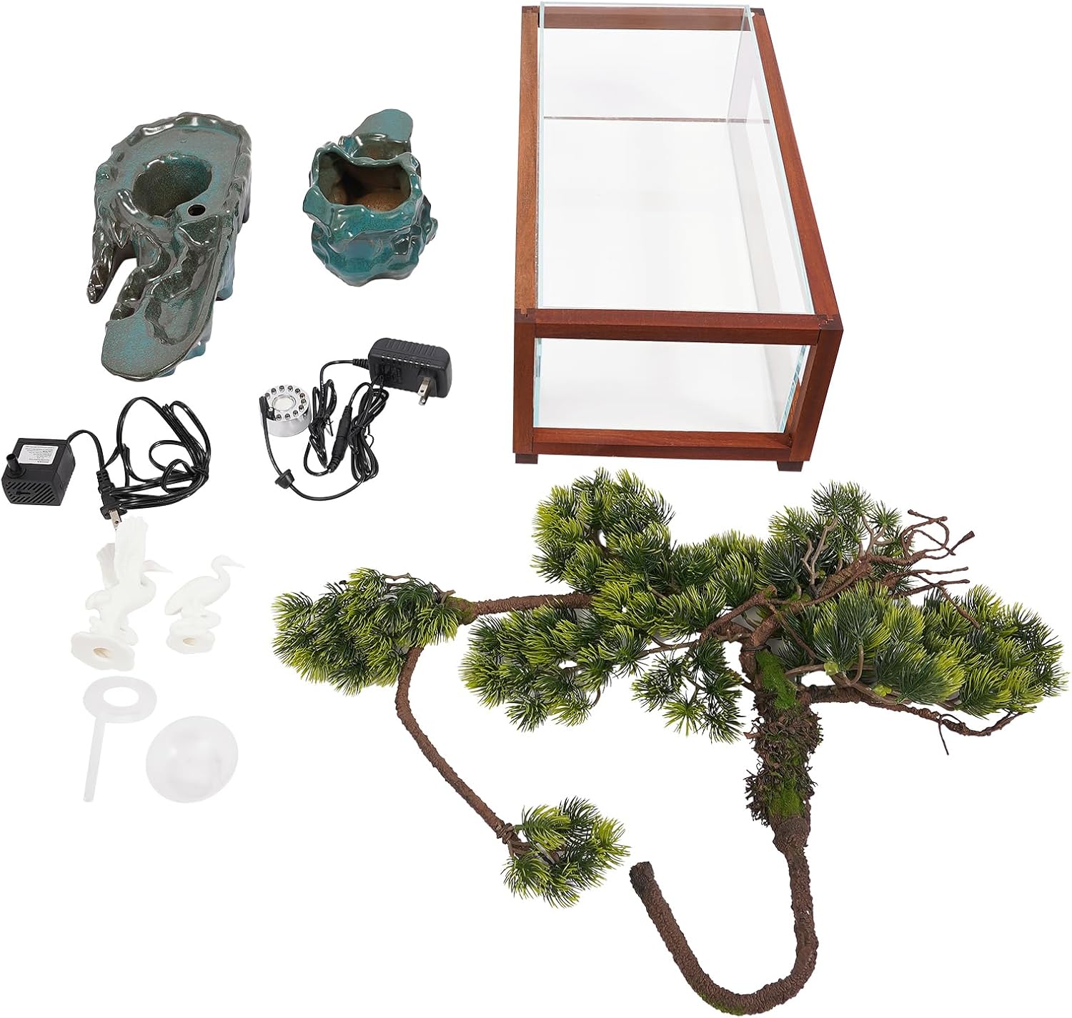 Elegant Tabletop Crane Water Fountain with LED and Fish Tank