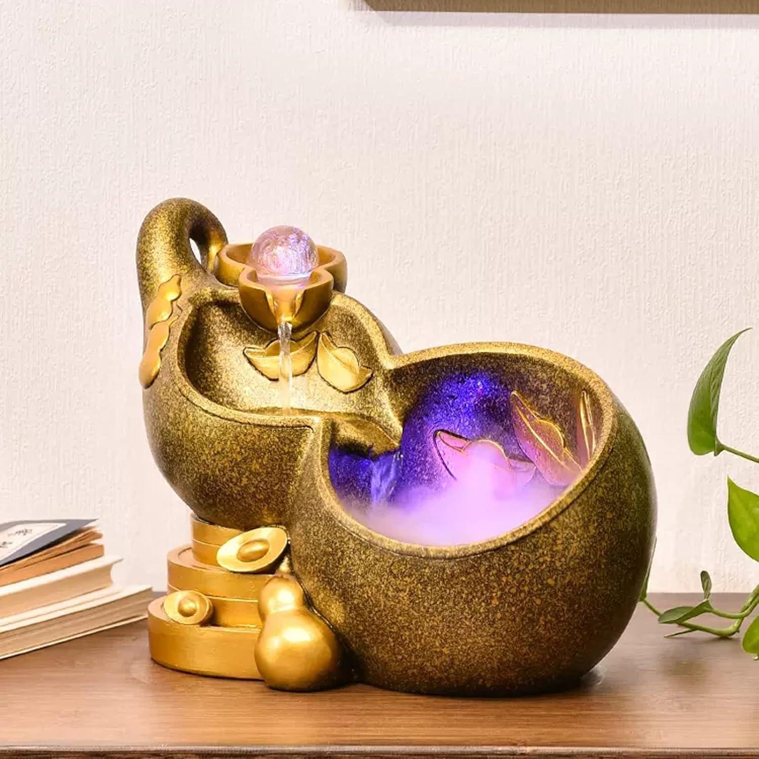 Golden Gourd Tabletop Fountain with Rolling Ball for Home Office Decor