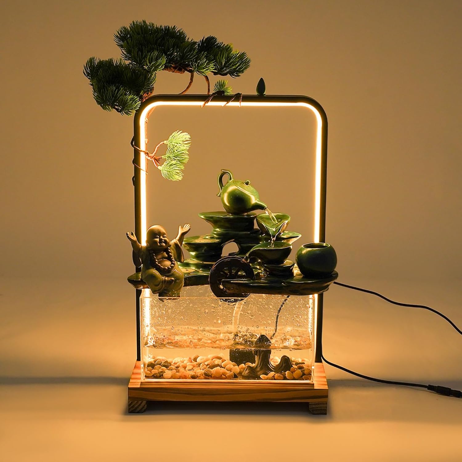 Wanlecy Tabletop Water Fountain with LED Lights and Fish Tank