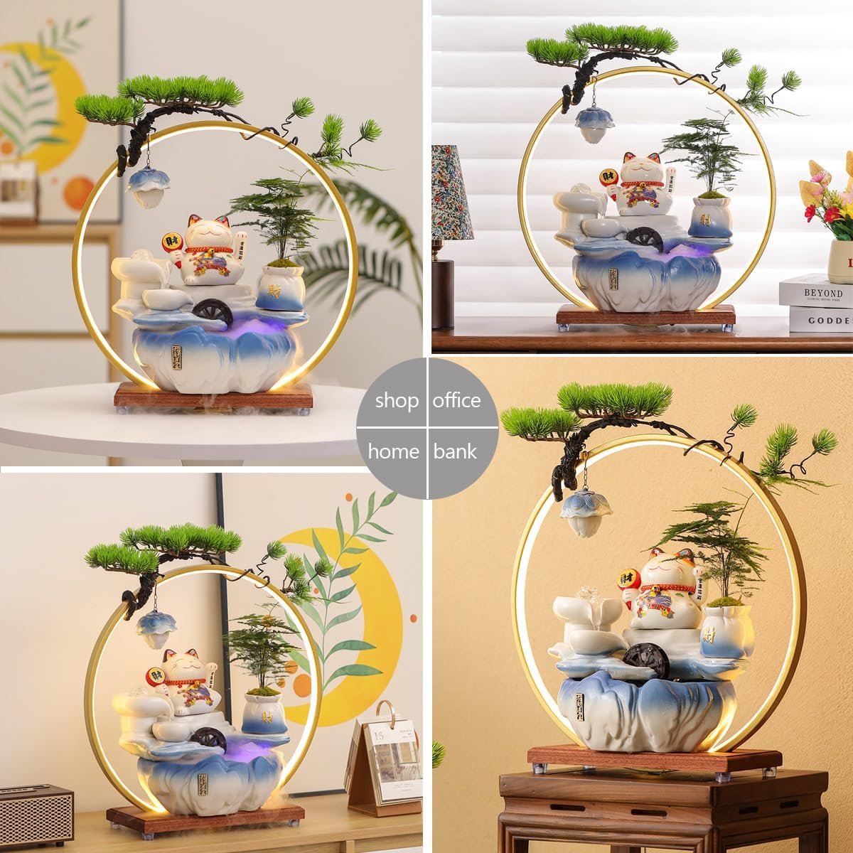 Ceramic Tabletop Waterfall Fountain with Maneki Neko Figurine