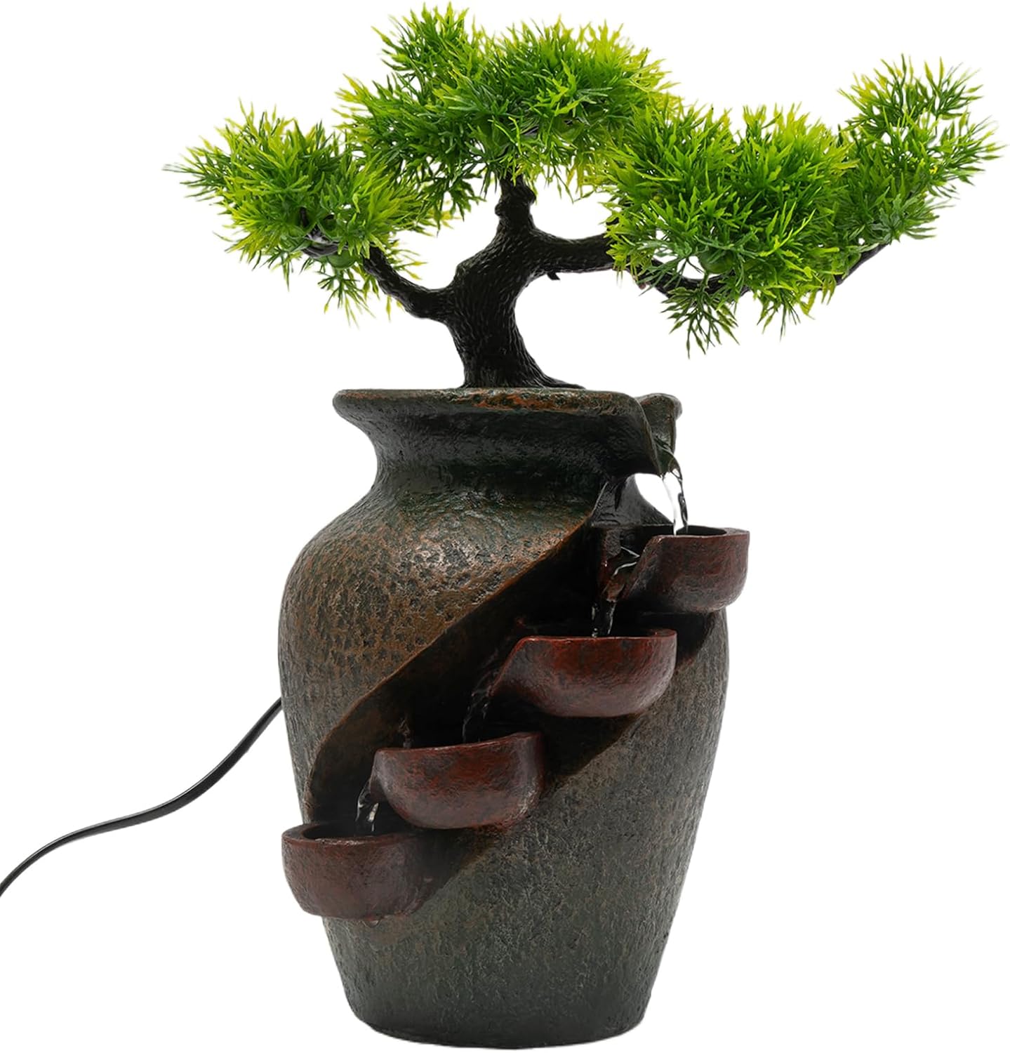 157 Inch Flower Vase Water Fountain Bonsai with Artificial Bouquet and Green Pine Tree Design