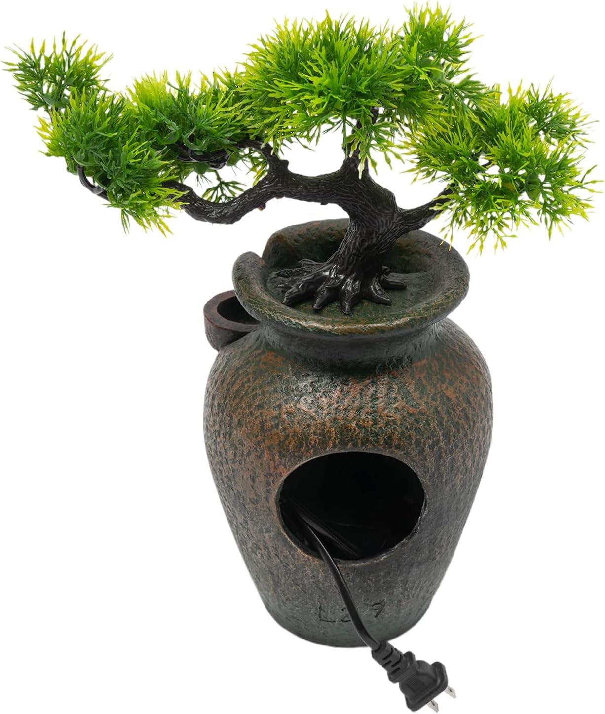 157 Inch Flower Vase Water Fountain Bonsai with Artificial Bouquet and Green Pine Tree Design
