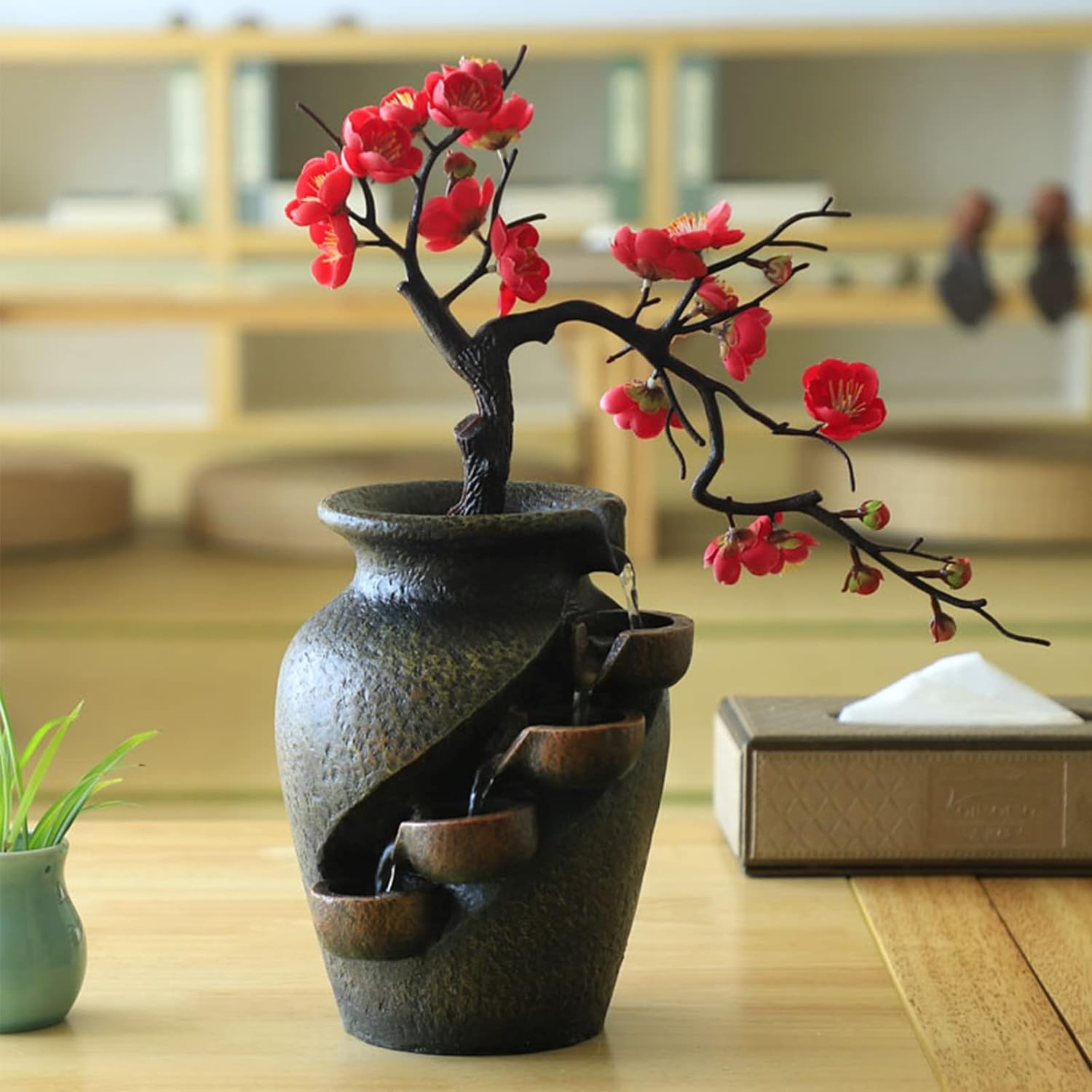 Tabletop Water Fountain with Artificial Flowers for Home Decor