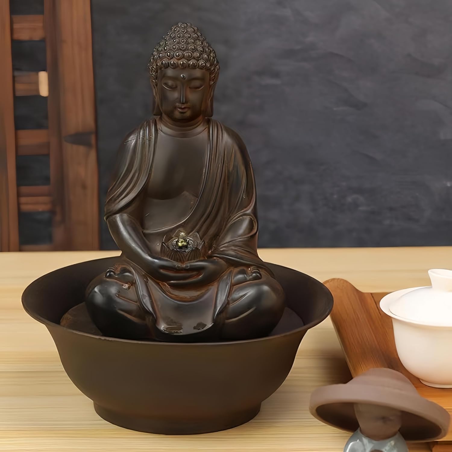 Fengshui Caishen Tabletop Water Fountain - Dark Brown