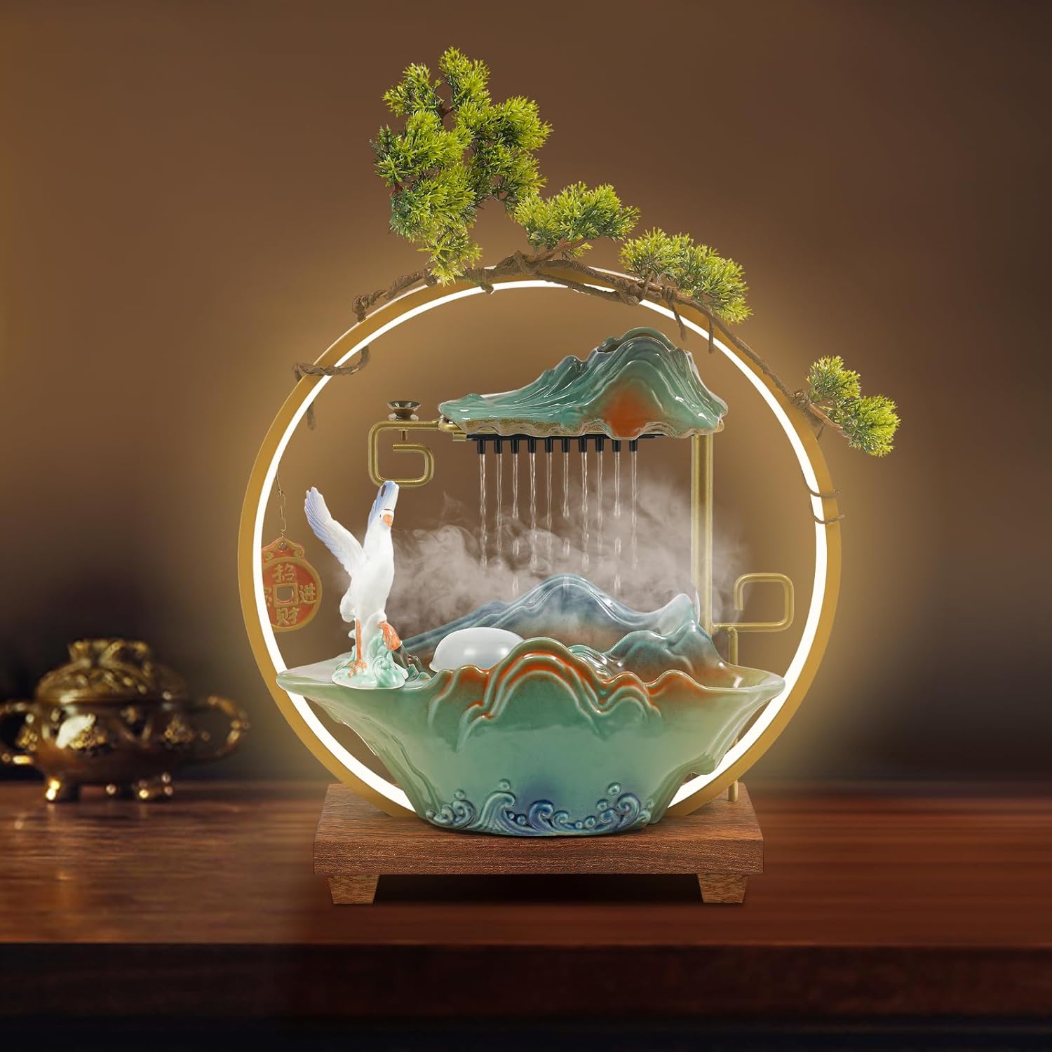 Indoor Waterfall Fountain with LED Light and Mist for Feng Shui and Relaxation