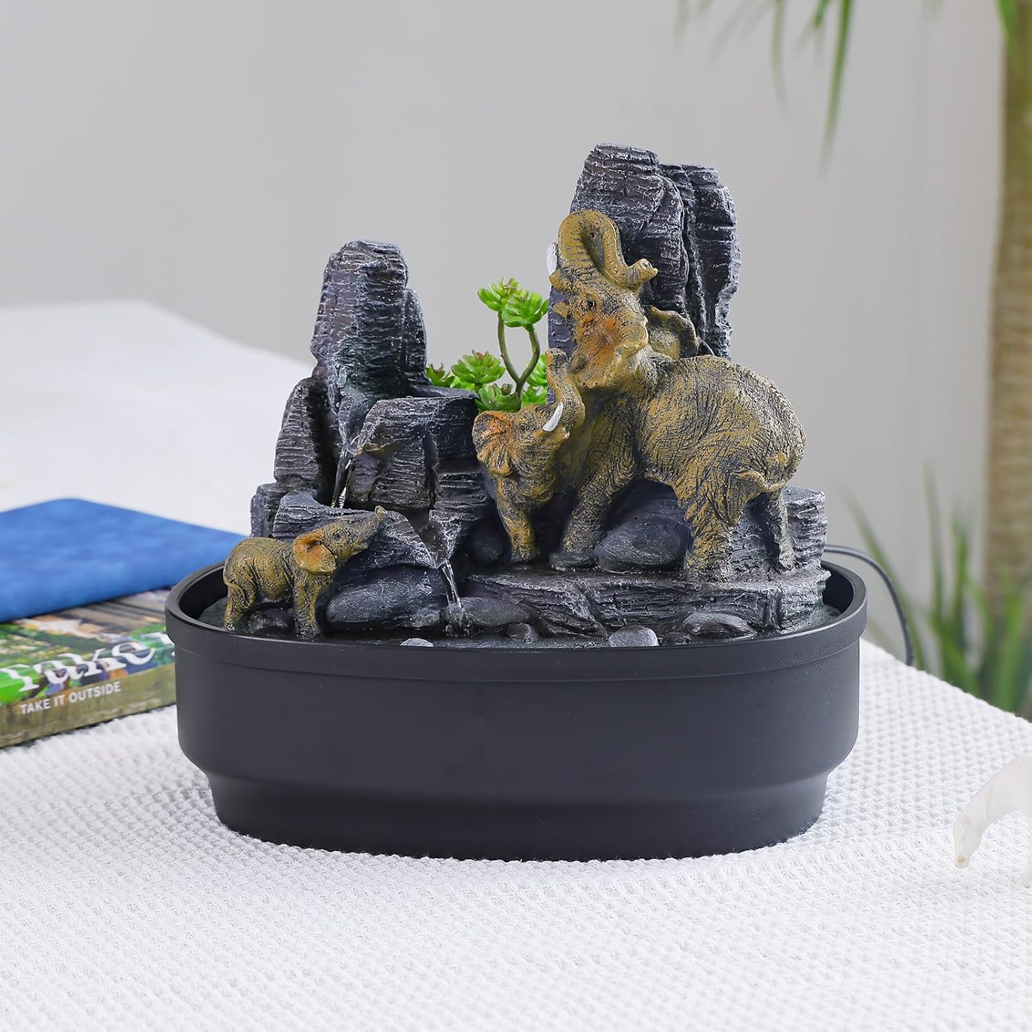 Elephant Tabletop Fountain with LED Lights and Rock Features