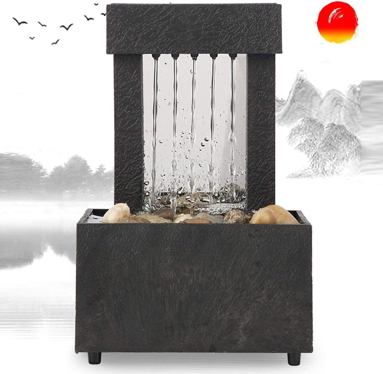 Tabletop Fountain with LED Lights and Stones for Home Office