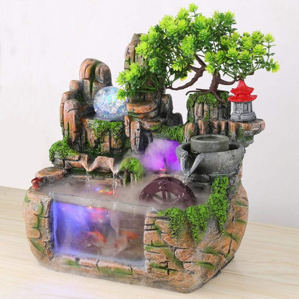 Tabletop Fountain Indoor Small Rockery with Waterfalls and Waterwheel