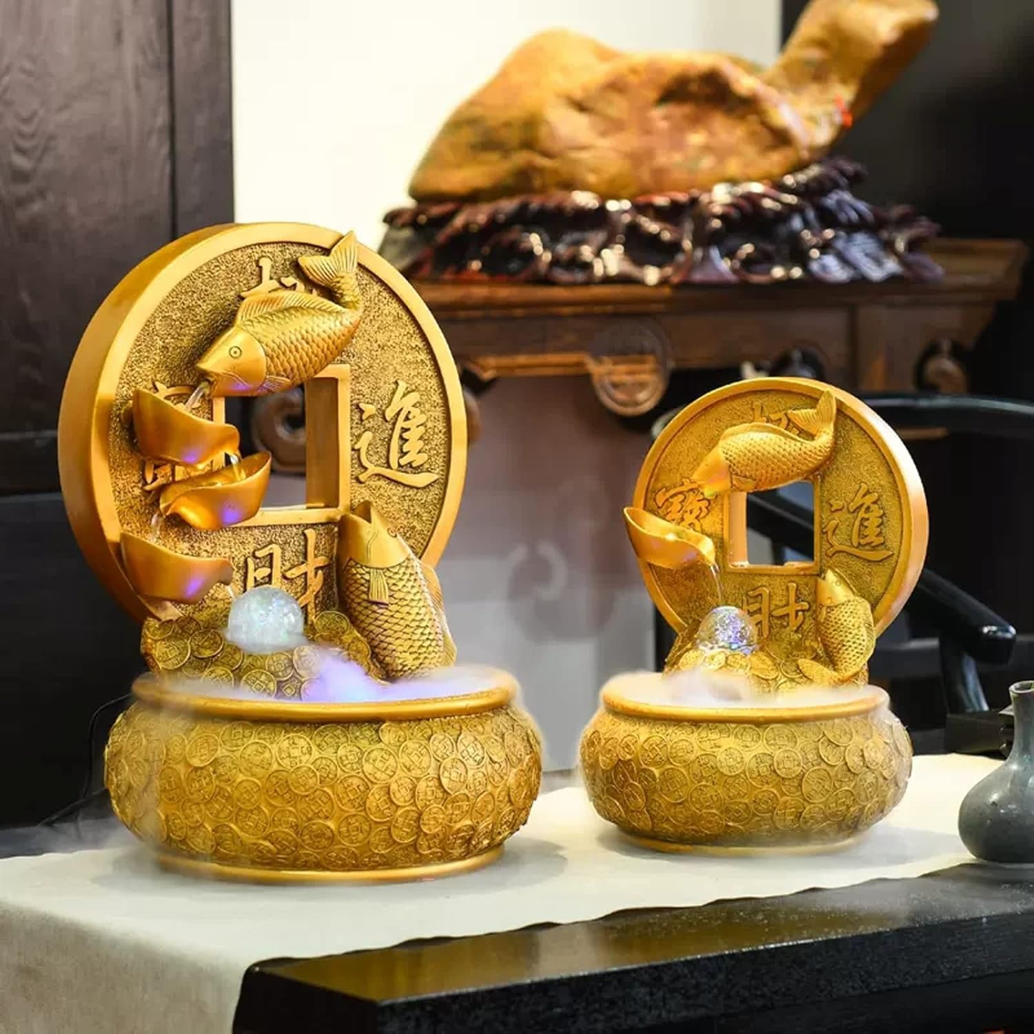 Golden Koi Tabletop Water Fountain with Rotating Ball