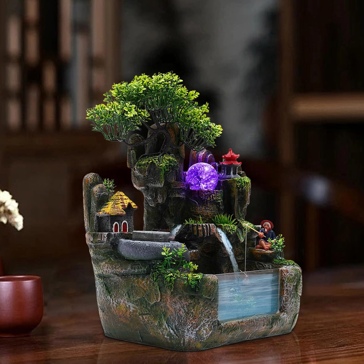 DMSIDN Tabletop Rockery Waterfall Fountain with LED Lights and Atomizer
