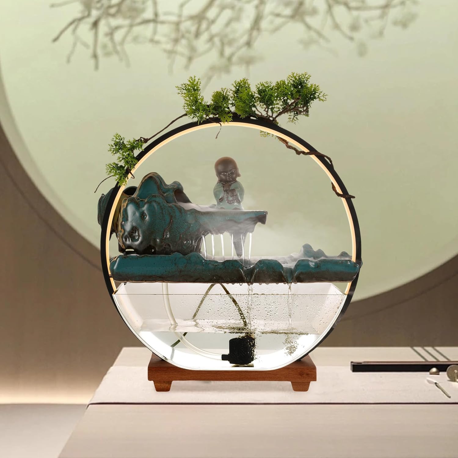 Crane Tabletop Water Fountain with LED Light for Meditation