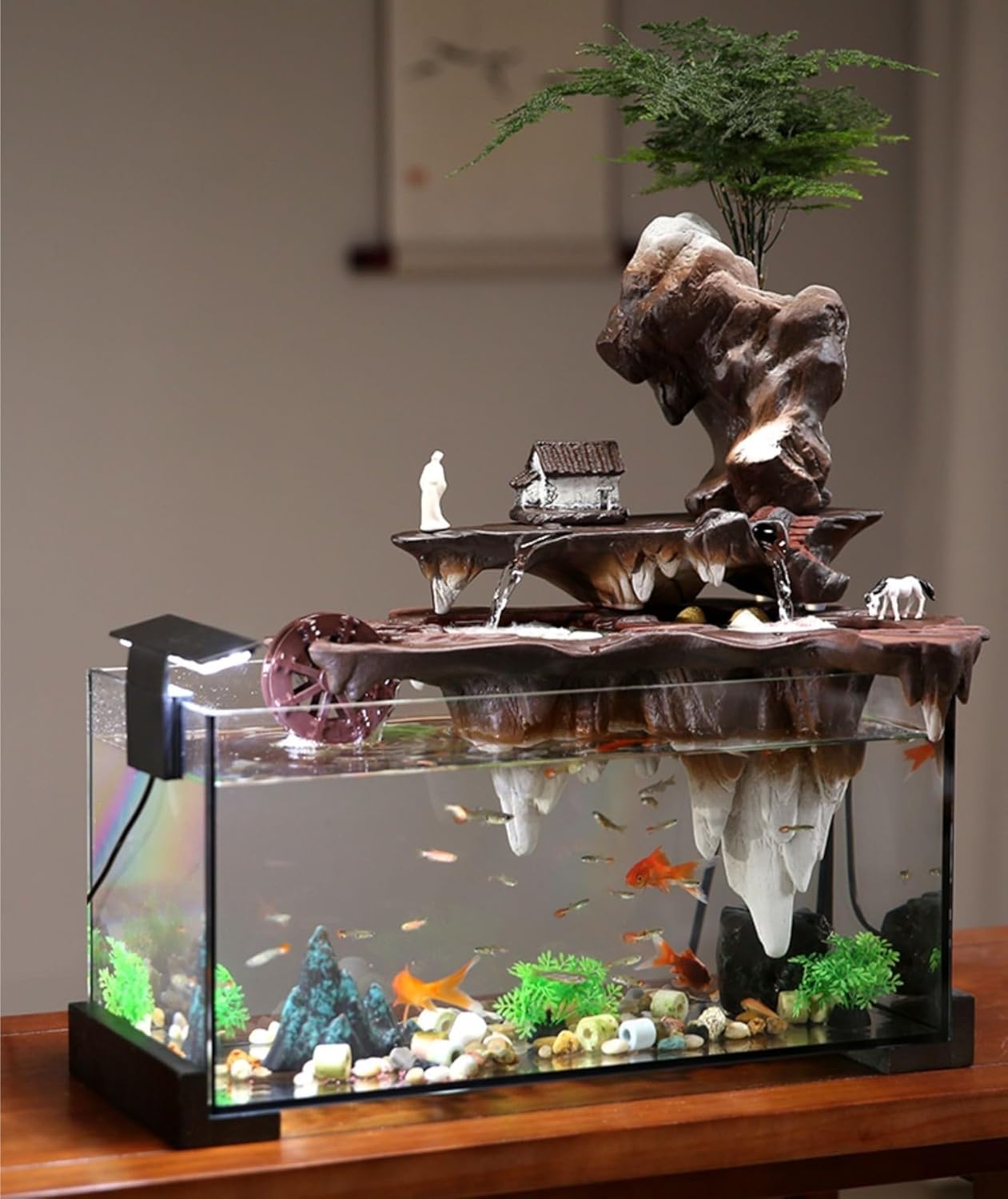 Water Fountain Indoor Fish Tank Decor with Flowing Water Wheel and Zen Waterfall