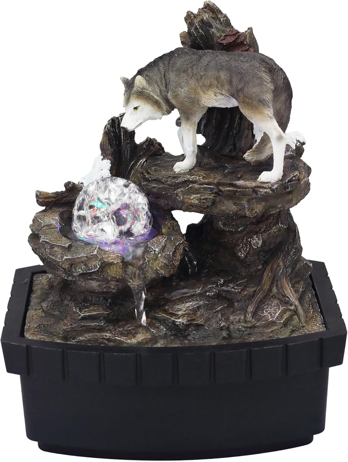 Benjara Eci 10 Inch Wolf Water Fountain with LED Lights and Painted Finish