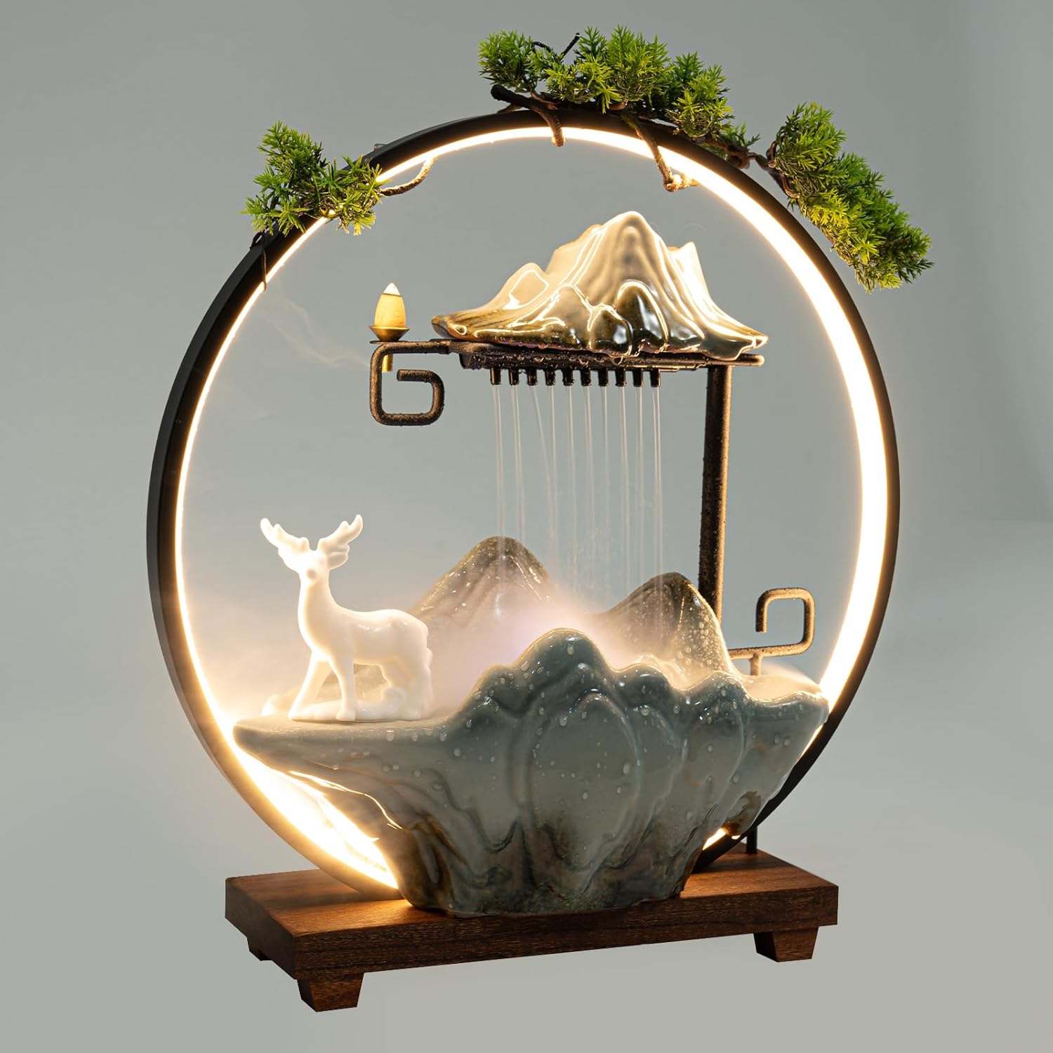 Tabletop Fountain with LED Lights and Pine Tree Decor