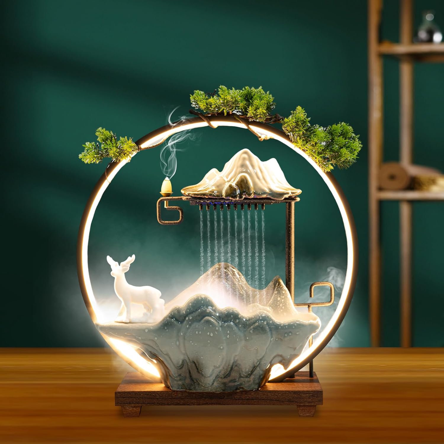 Tabletop Fountain with Glowing Circle and Deer