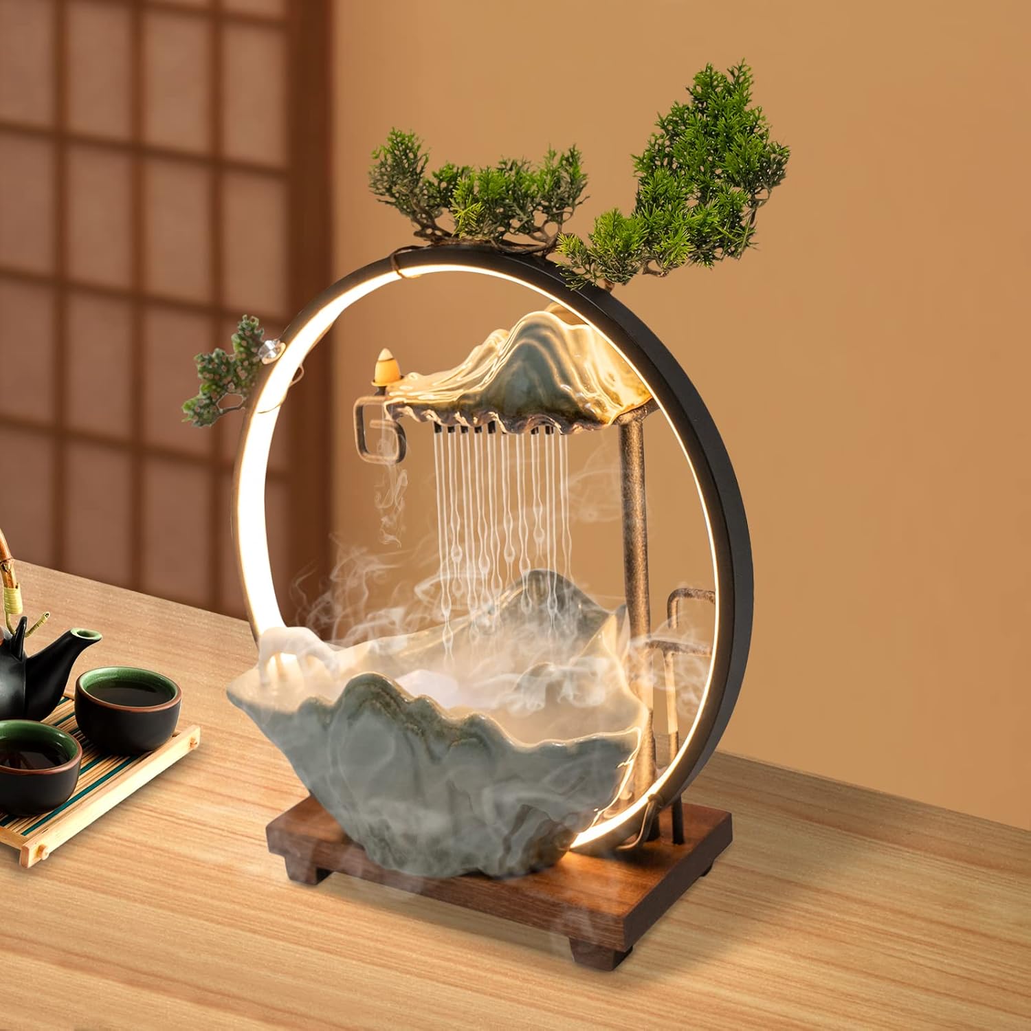 Indoor Waterfall Fountain with LED Light and Incense Diffuser