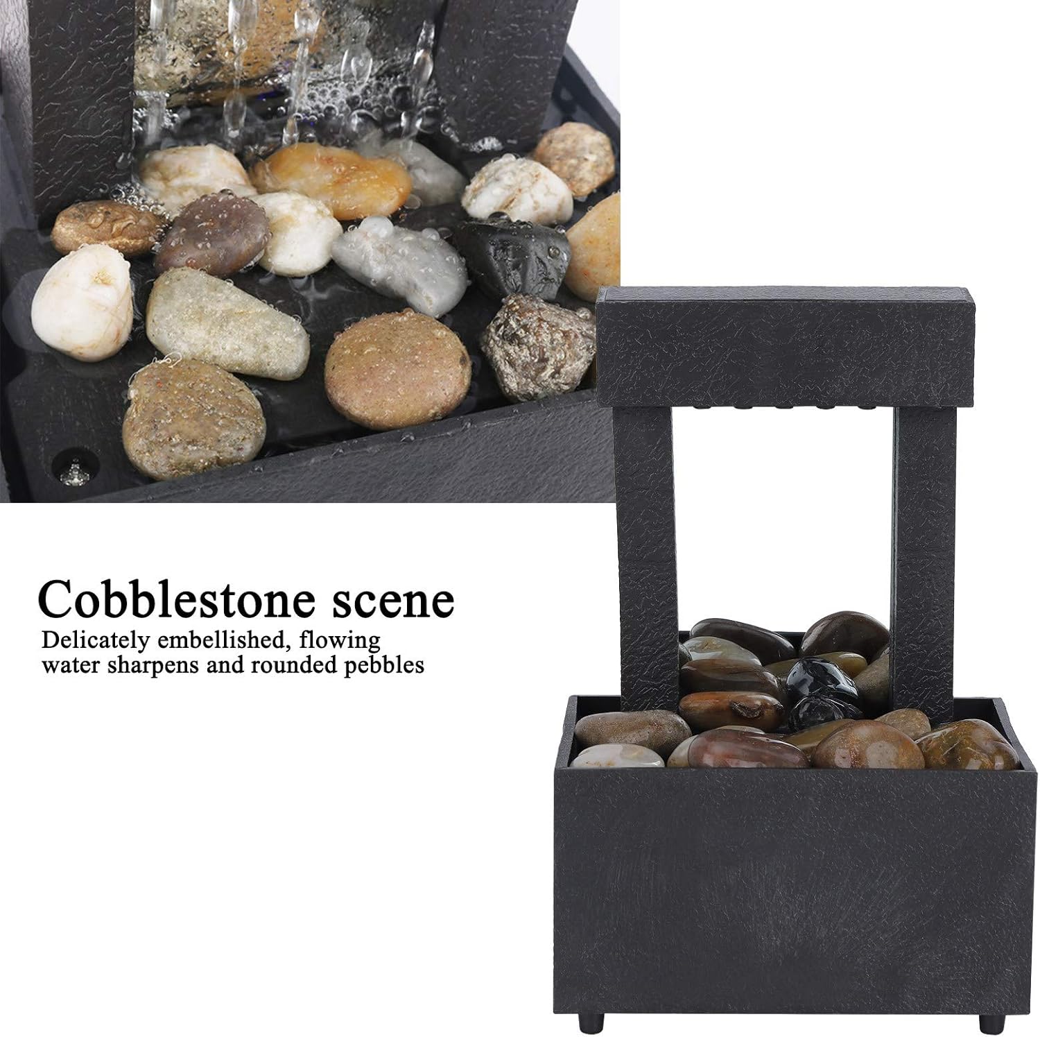 Tabletop Fountain with LED Lights and Stones for Home Office