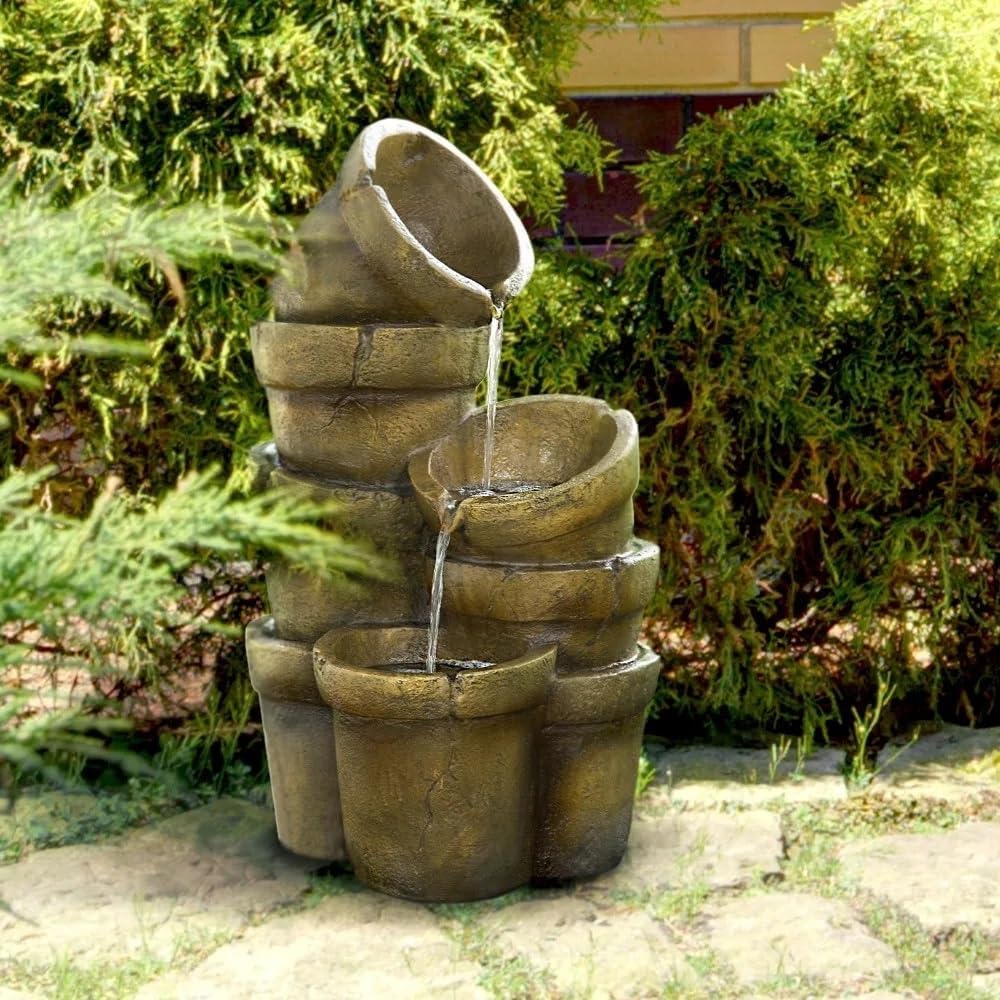 3 Tiered Water Glazed Pots Fountain with LED Light and Pump