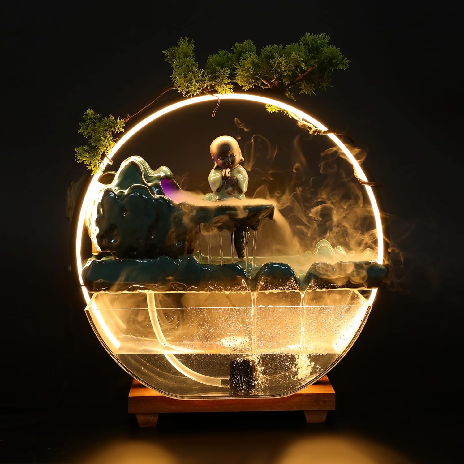 Crane Tabletop Water Fountain with LED Light for Meditation