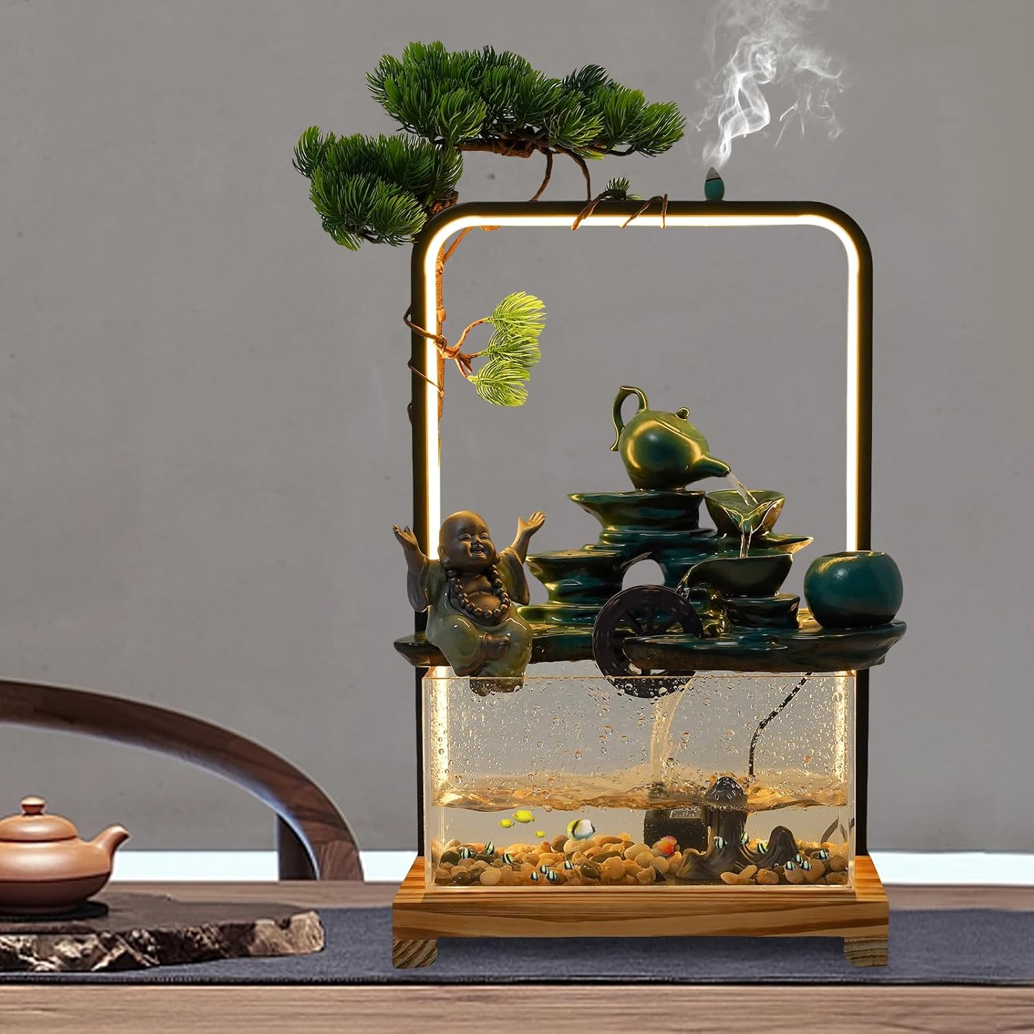Wanlecy Tabletop Water Fountain with LED Lights and Fish Tank